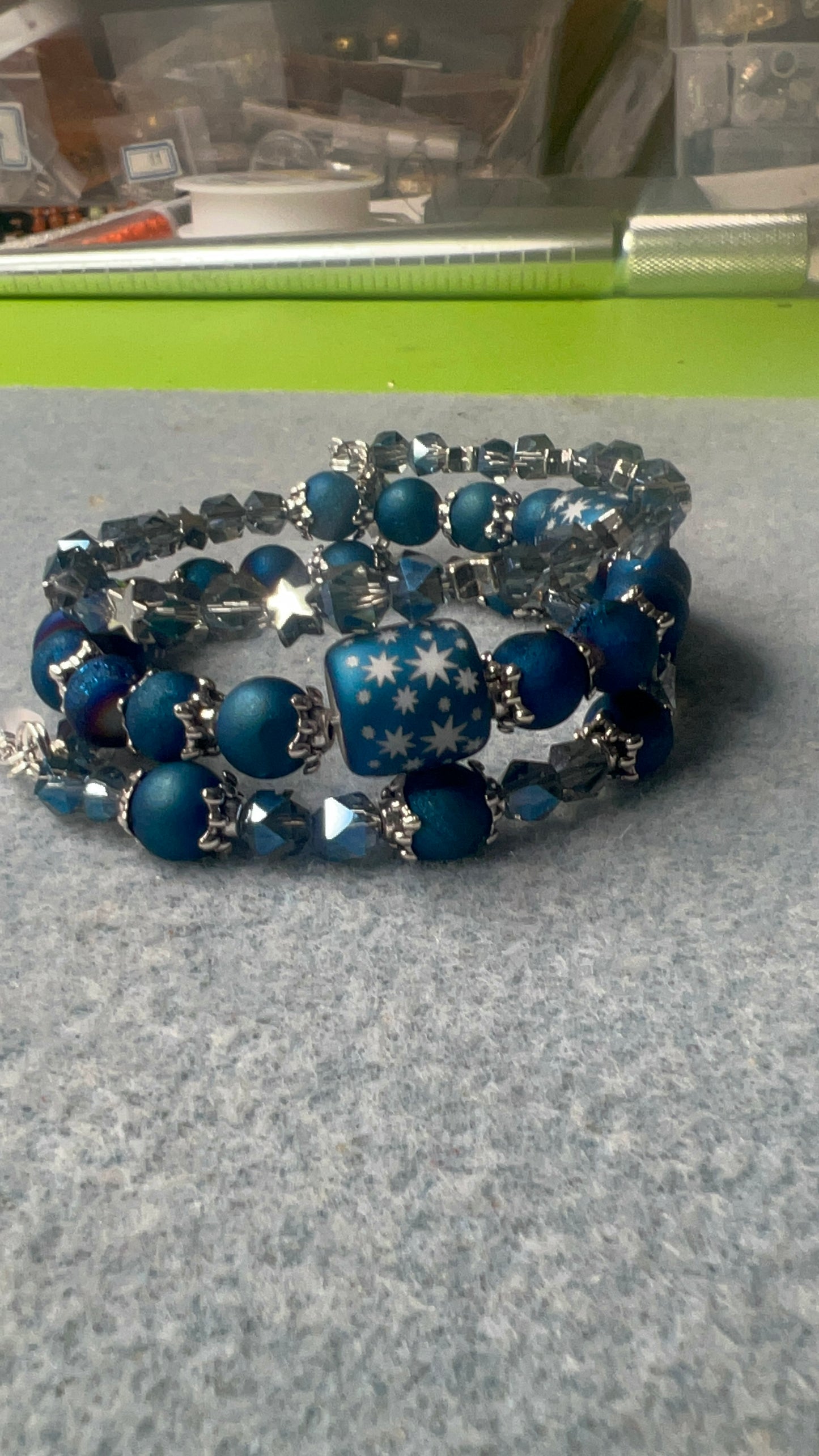 Blue druzy agate, Starburst-Pattern blue and white cylinder, Frosted Glass and Steel Blue Beaded Wrap Bracelet