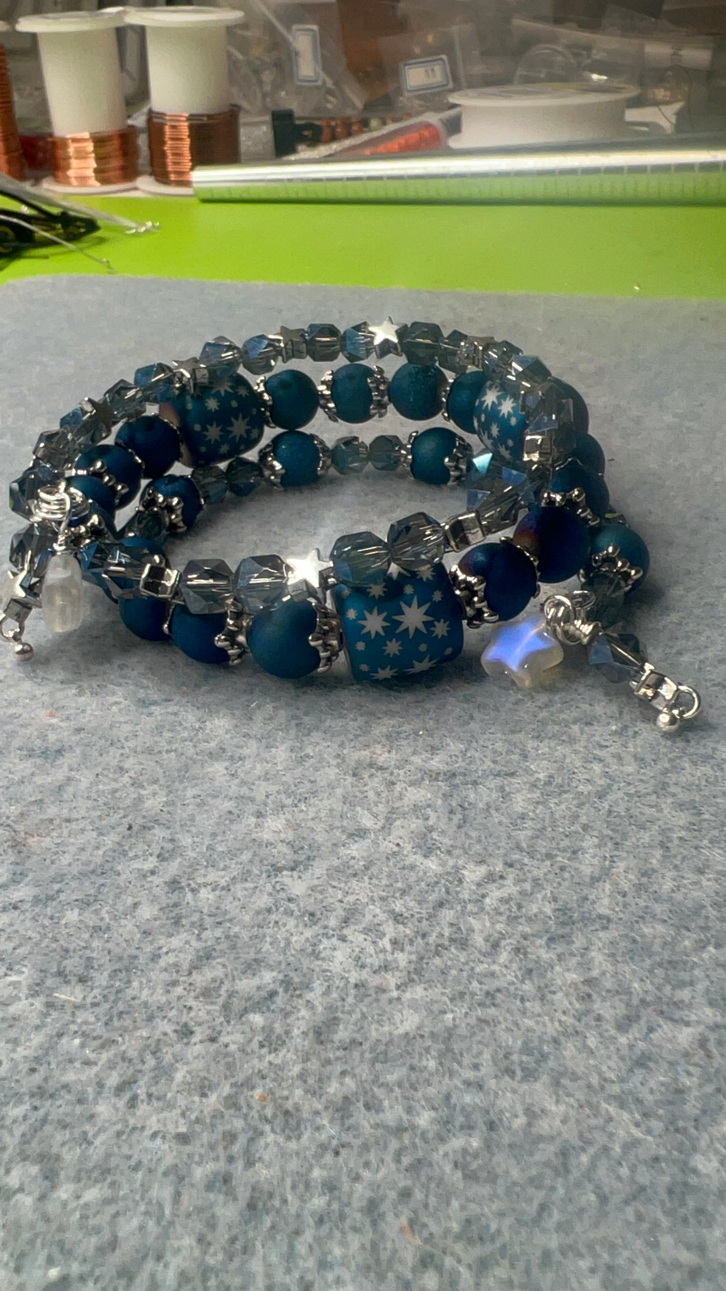 Blue druzy agate, Starburst-Pattern blue and white cylinder, Frosted Glass and Steel Blue Beaded Wrap Bracelet