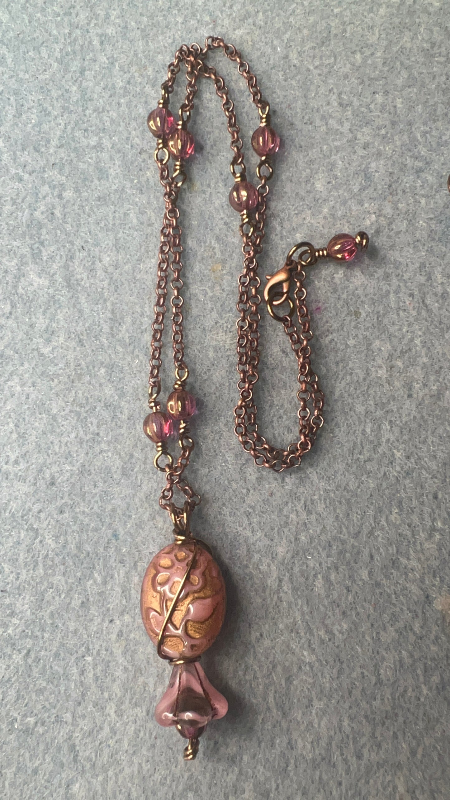 Dancing Flower & Pink/Silk/Bronze Czech Glass Bell Pendant on Copper chain with melon Beads Necklace