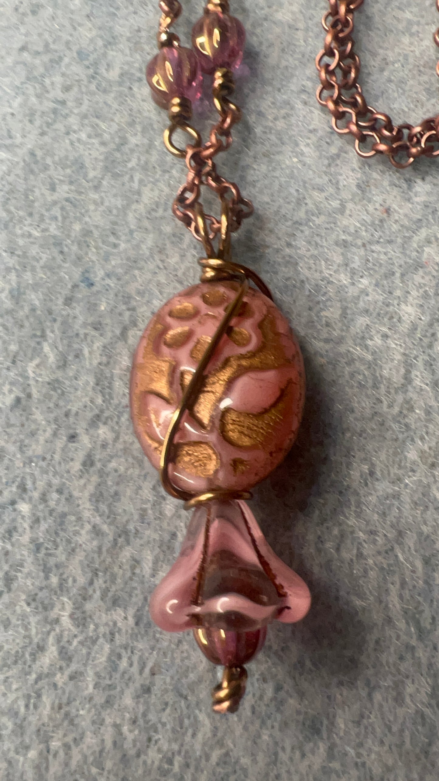 Dancing Flower & Pink/Silk/Bronze Czech Glass Bell Pendant on Copper chain with melon Beads Necklace