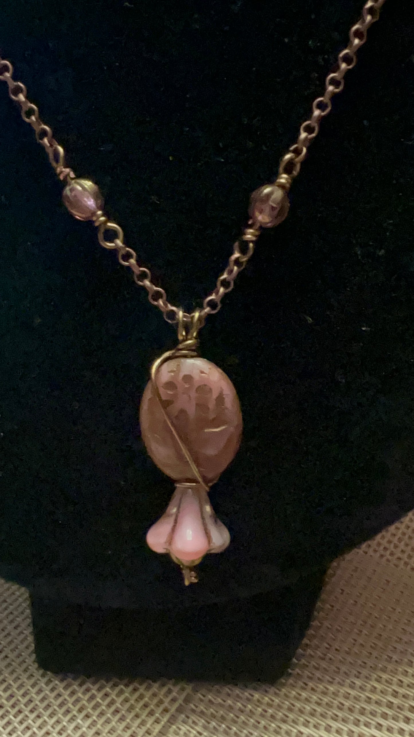 Dancing Flower & Pink/Silk/Bronze Czech Glass Bell Pendant on Copper chain with melon Beads Necklace