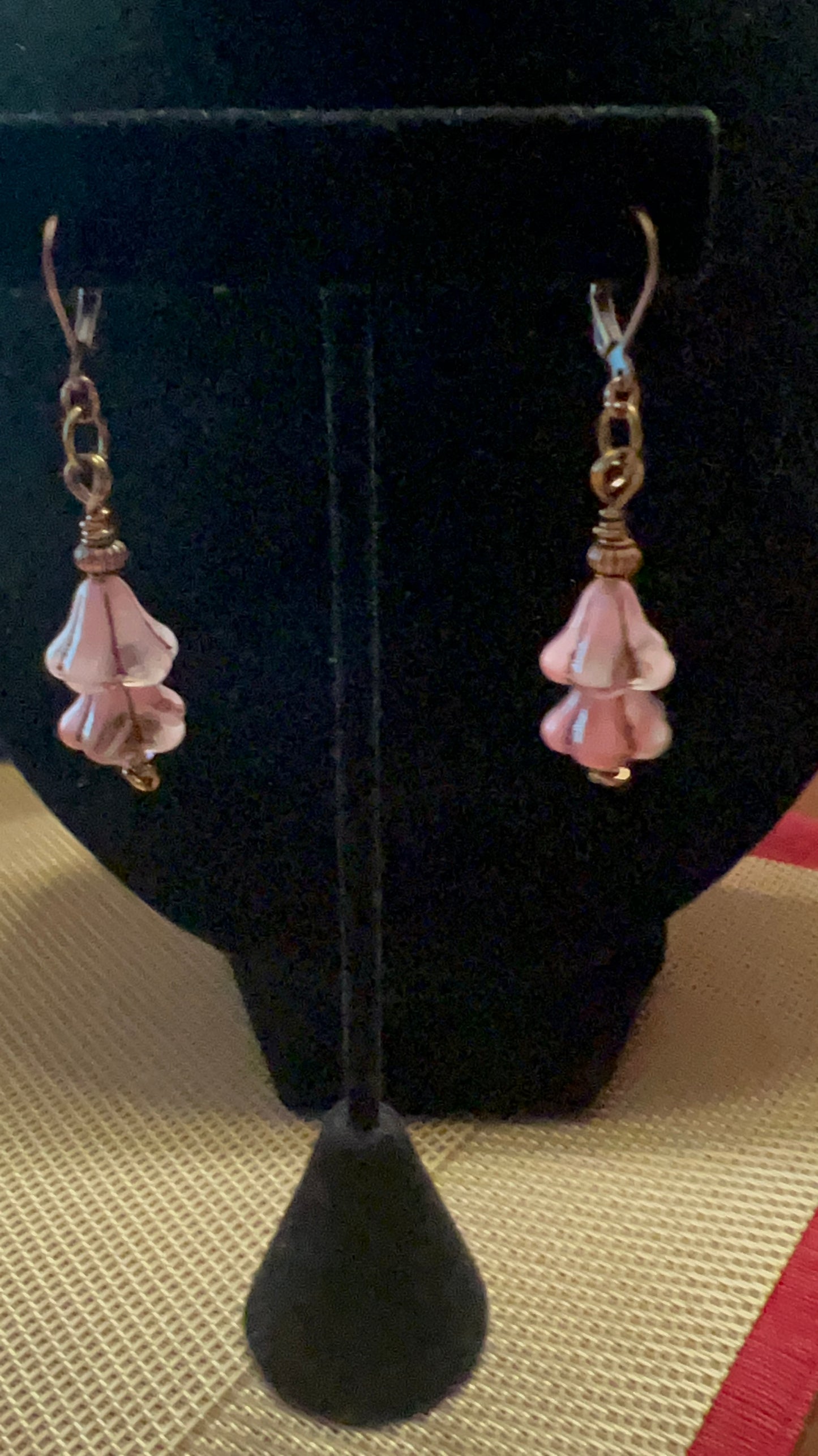 Pink Silk/Bronze Czech Glass Bell Flower Earrings