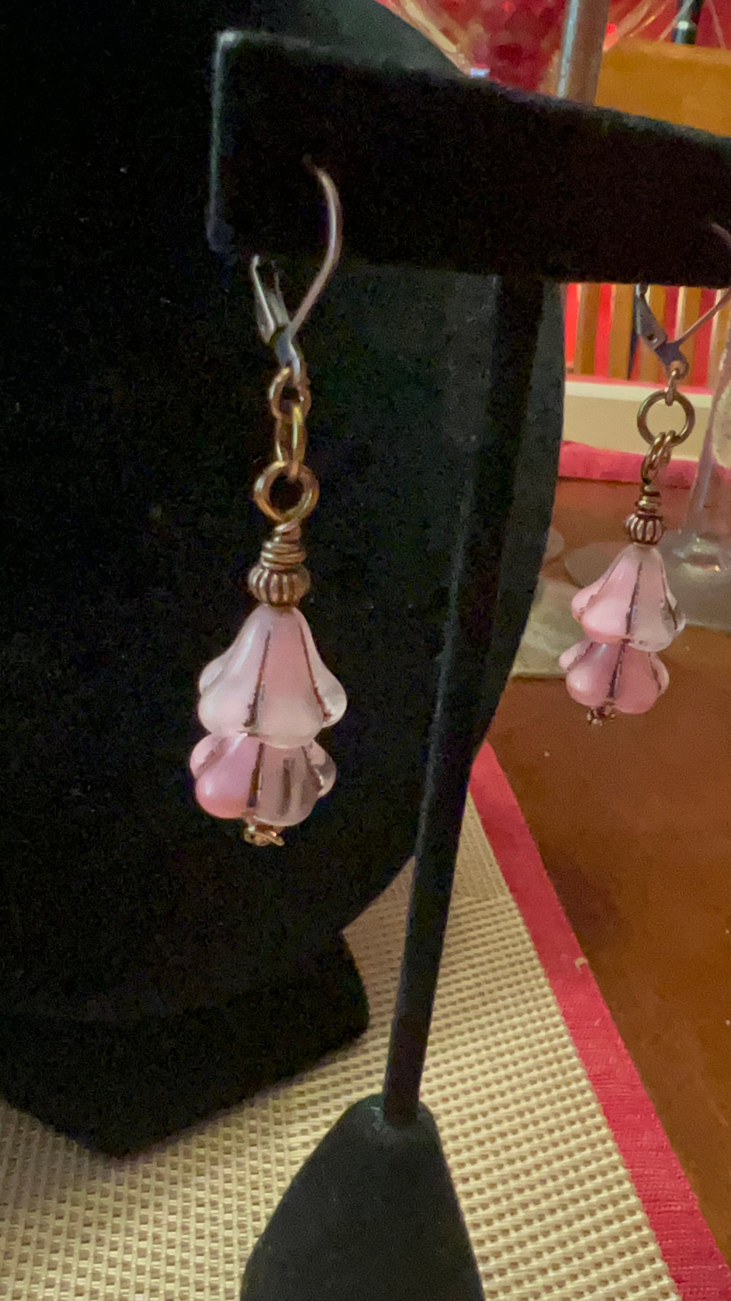 Pink Silk/Bronze Czech Glass Bell Flower Earrings