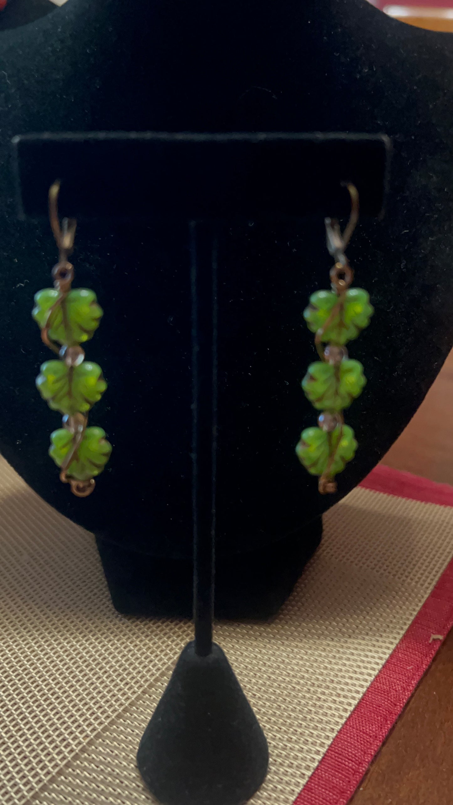 Czech Glass Green Opal Bronze Maple Leaf and Smoky Topaz Earrings