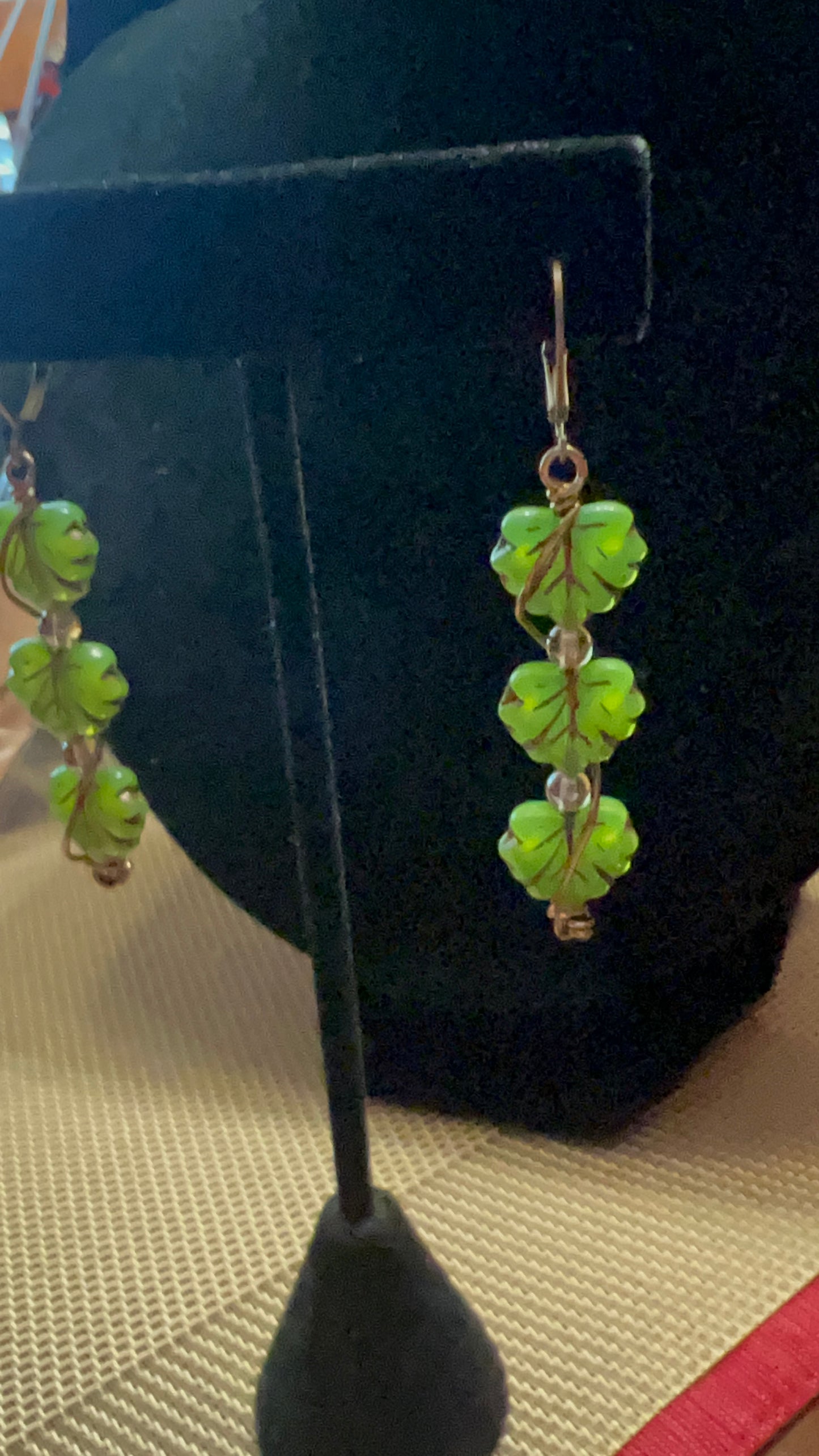 Czech Glass Green Opal Bronze Maple Leaf and Smoky Topaz Earrings