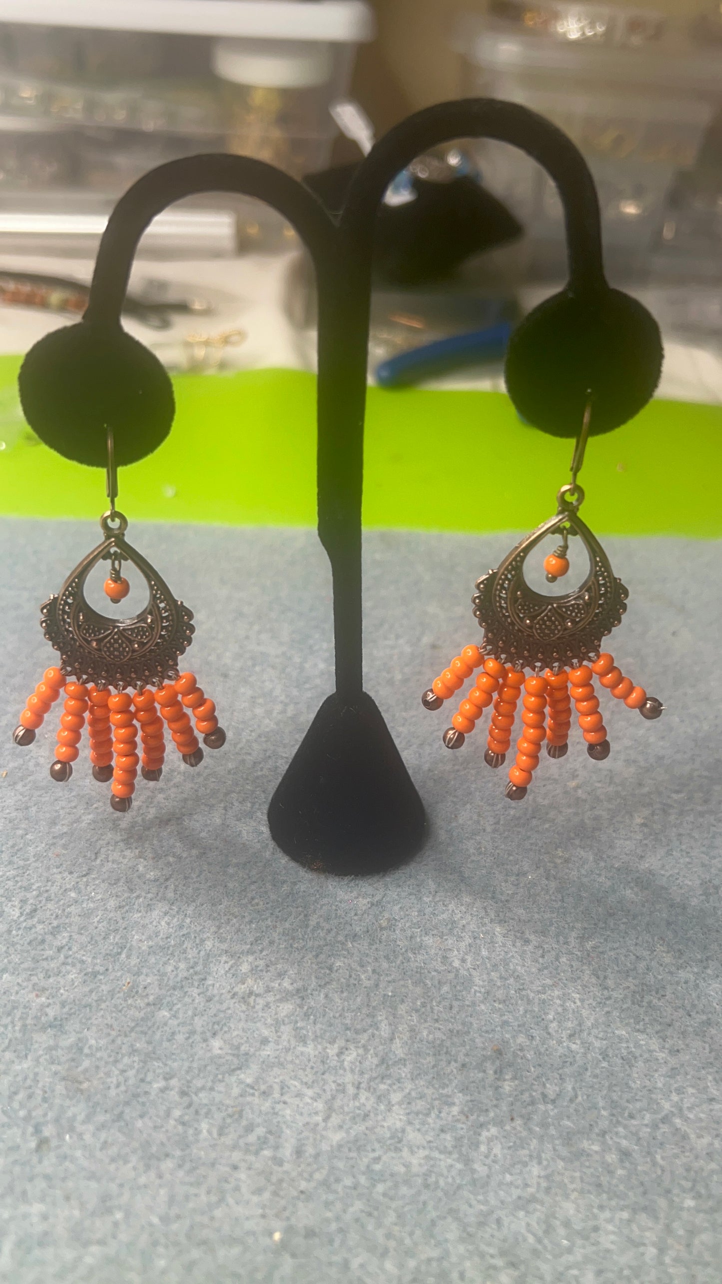 Copper Chandelier Earrings with Orange and Copper Fringe Beads