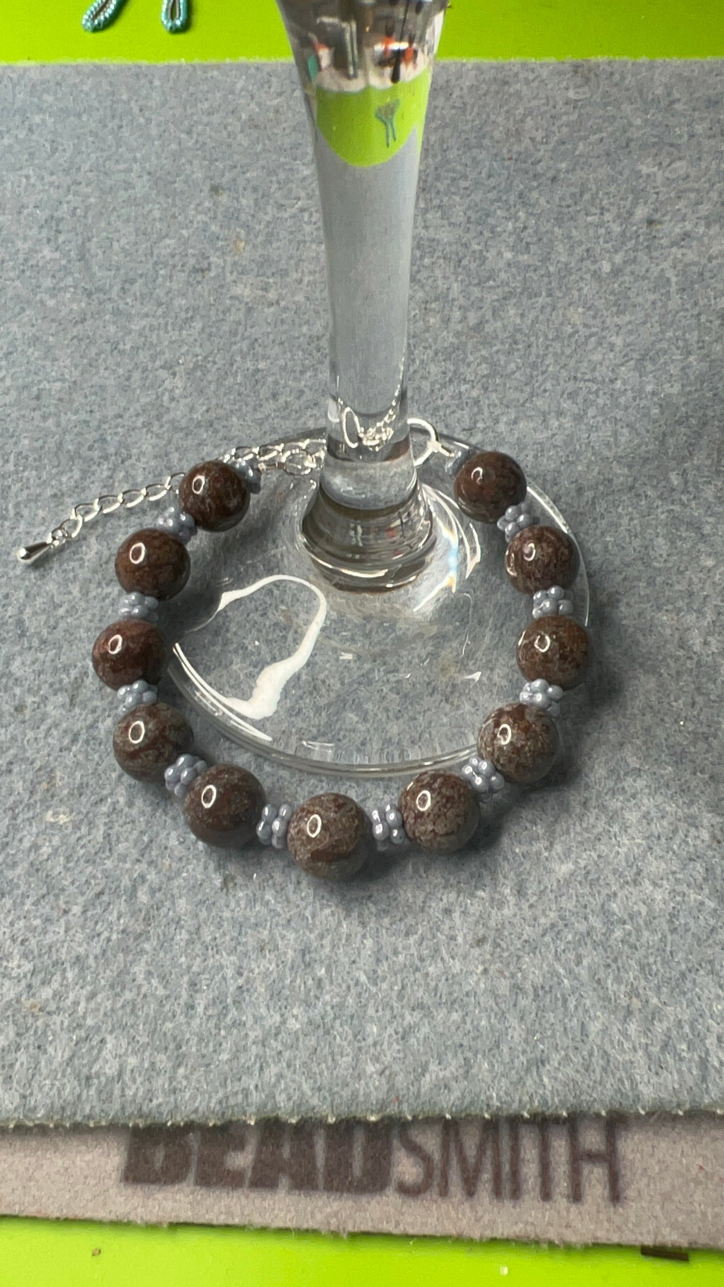 Brown Snowflake Jasper with Blue Czech Glass Daisy Spacers Bracelet