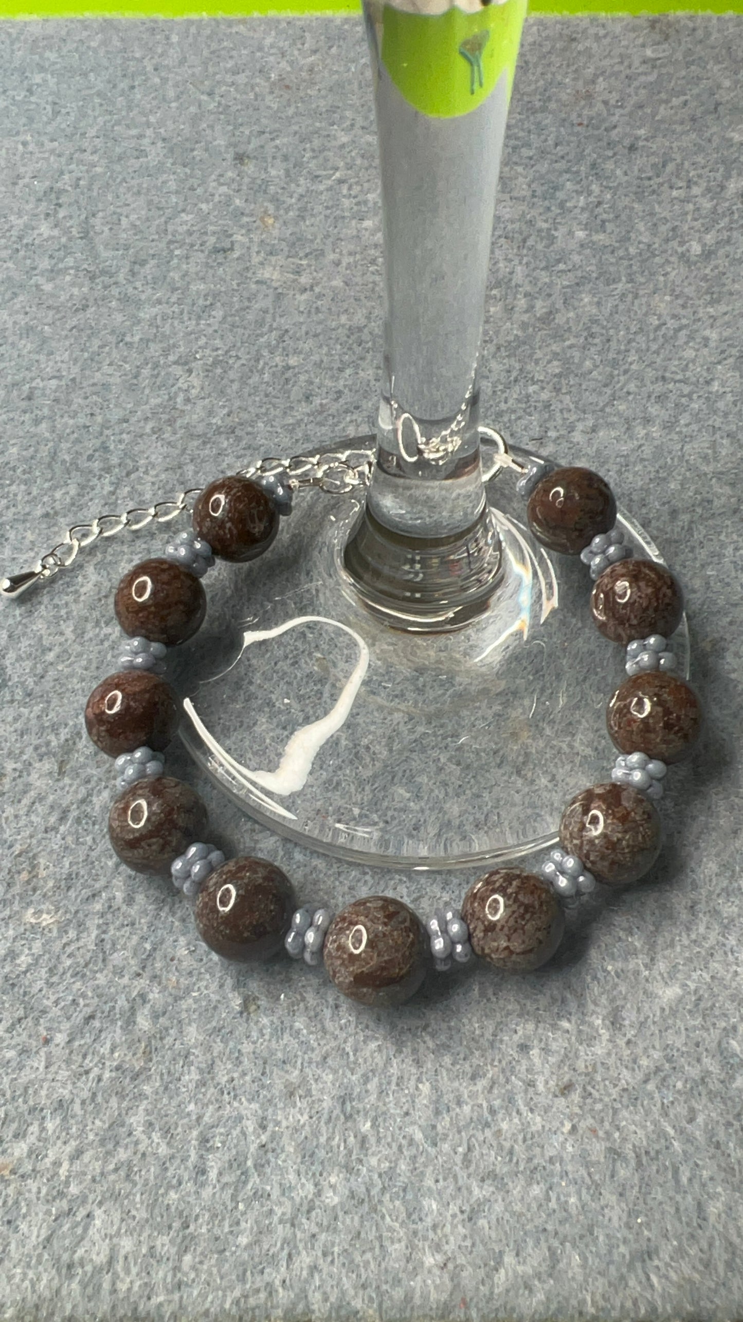 Brown Snowflake Jasper with Blue Czech Glass Daisy Spacers Bracelet