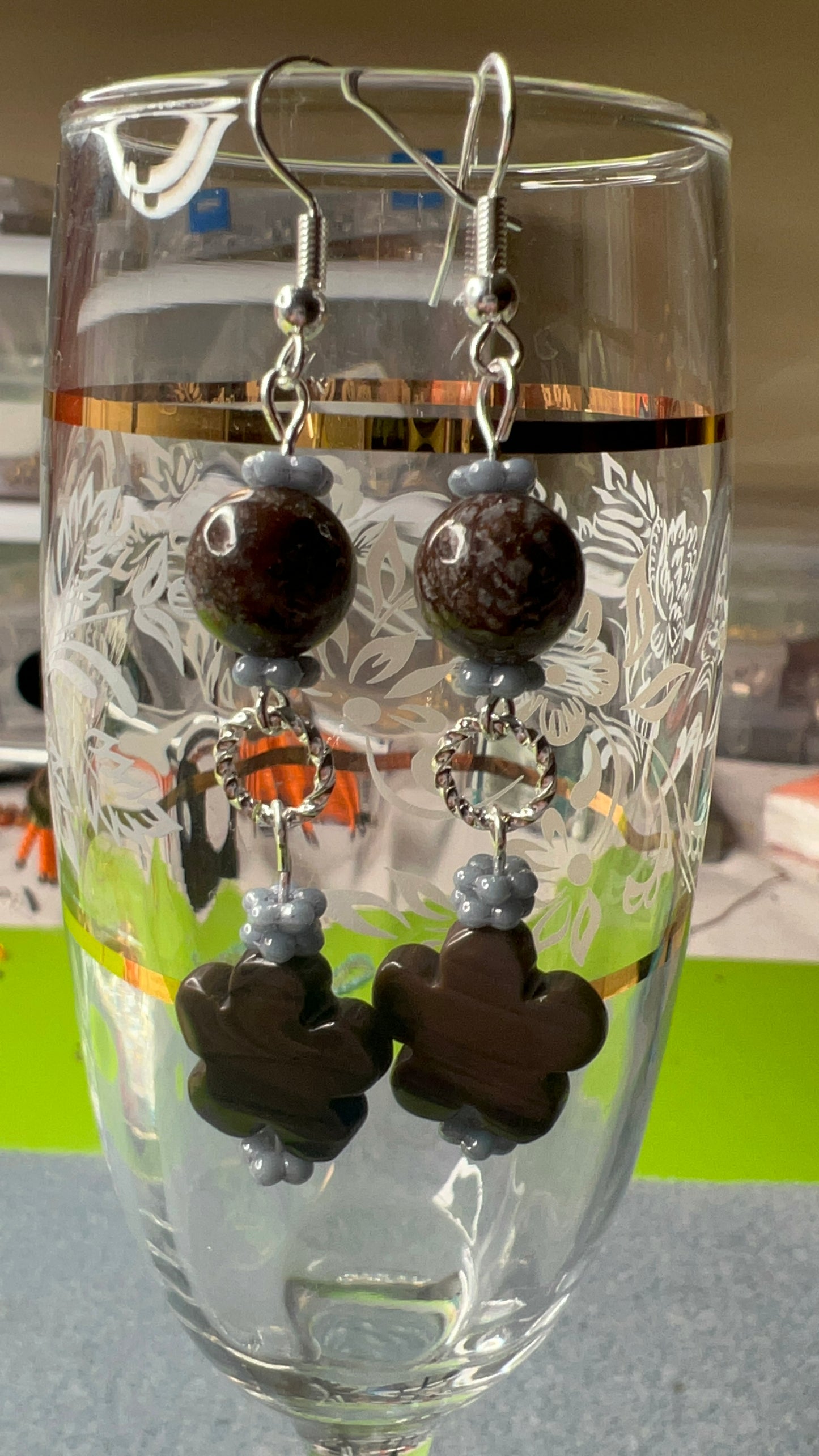 Brown Snowflake Jasper, Coffee Jasper Carved Flower and Blue Daisy Spacer Earrings with Silver