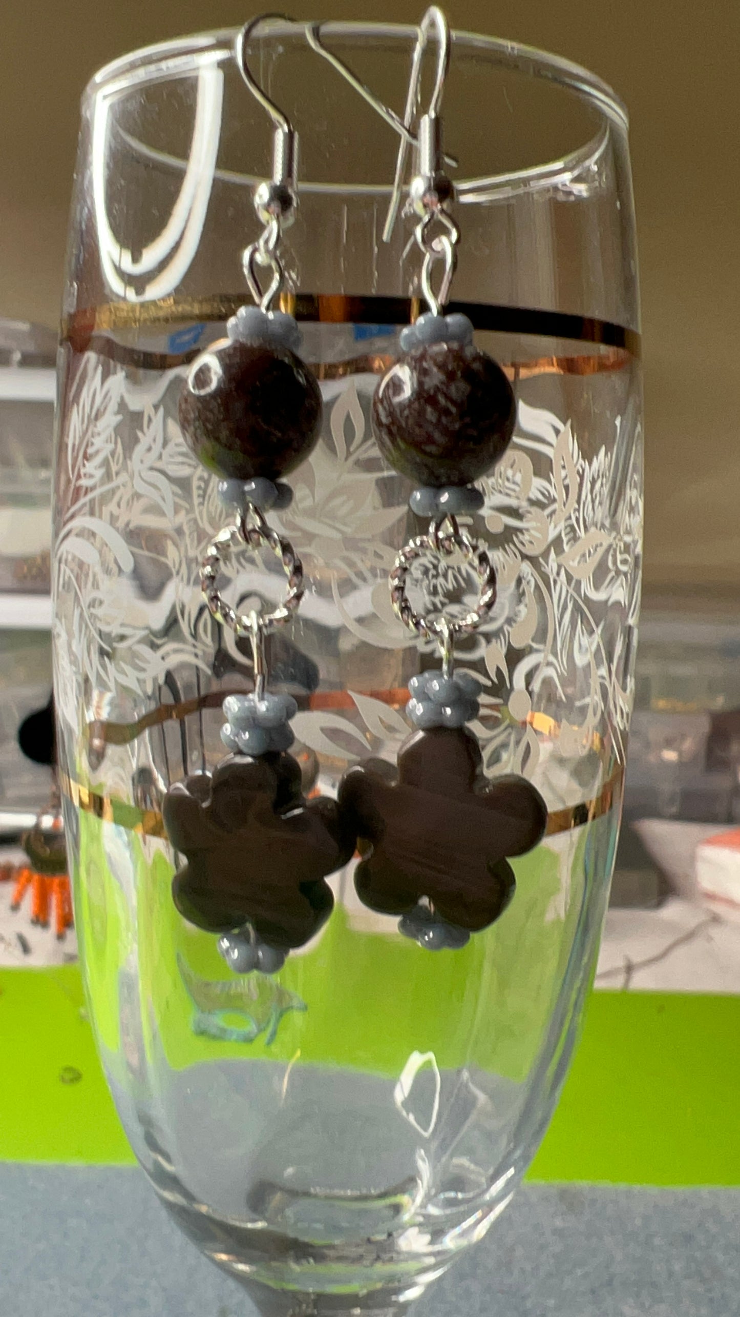 Brown Snowflake Jasper, Coffee Jasper Carved Flower and Blue Daisy Spacer Earrings with Silver