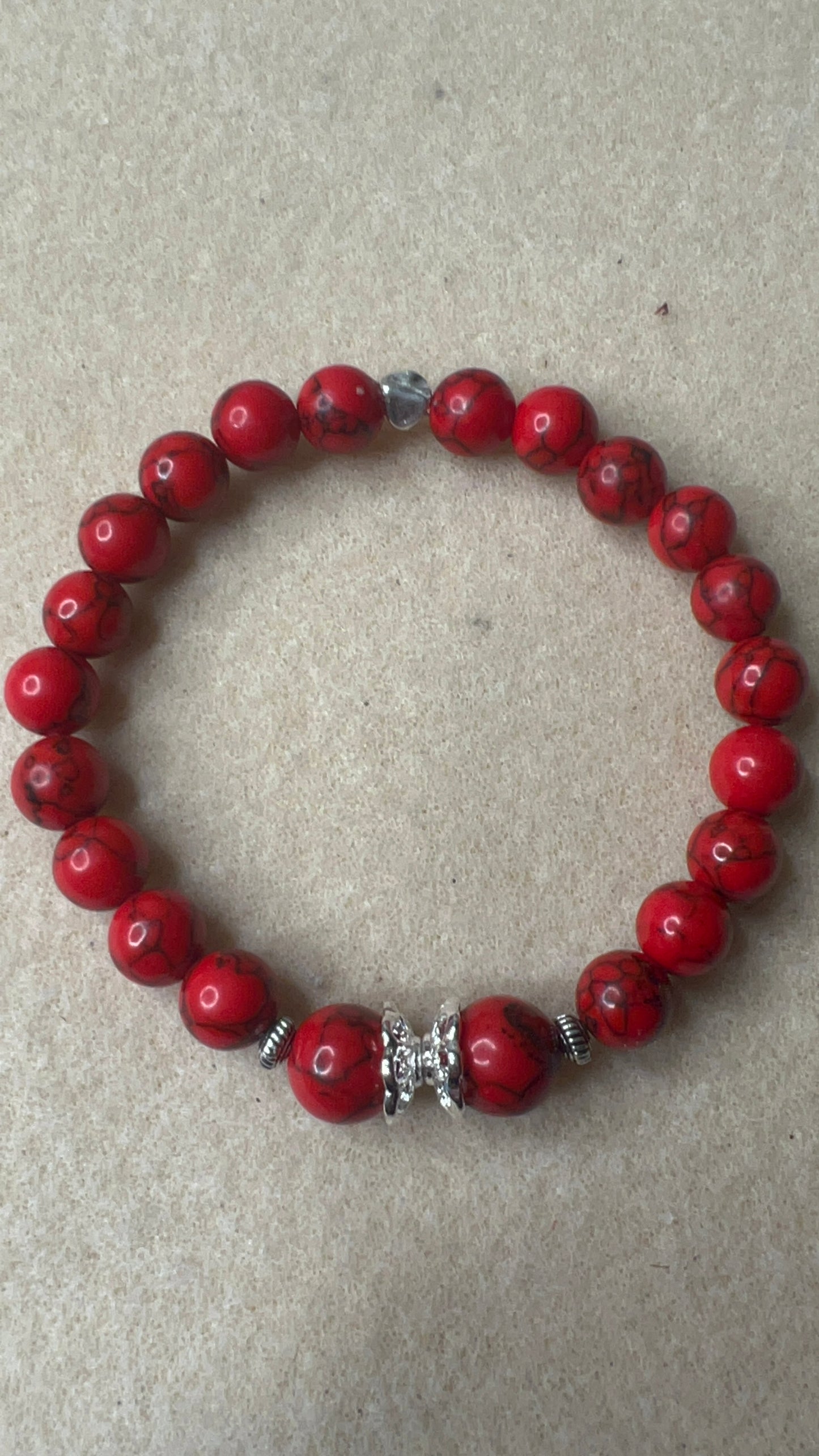 Medium Red Howlite with Silver Scalloped Spacers and tiny silver beads Stretch Bracelet