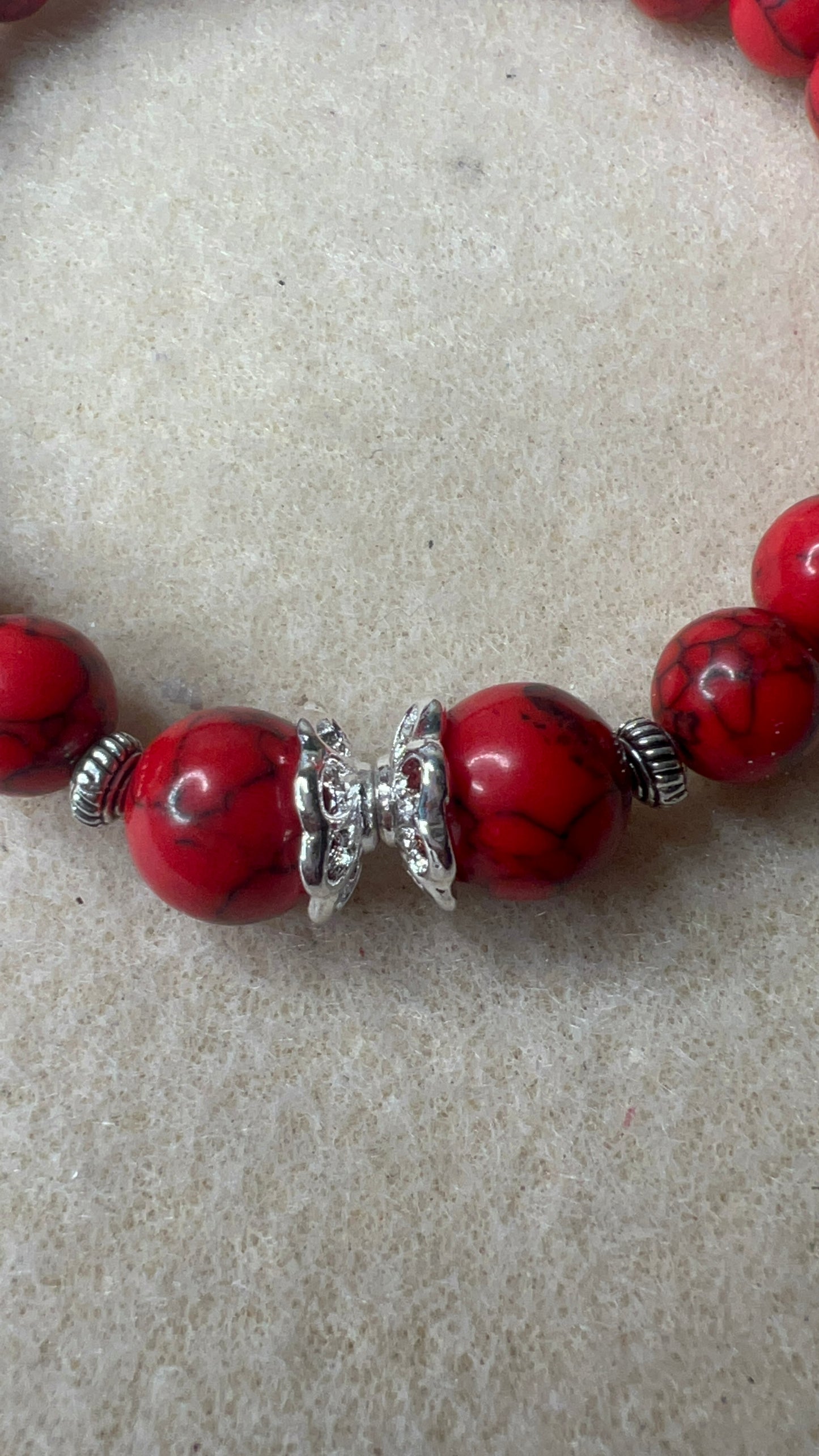 Medium Red Howlite with Silver Scalloped Spacers and tiny silver beads Stretch Bracelet