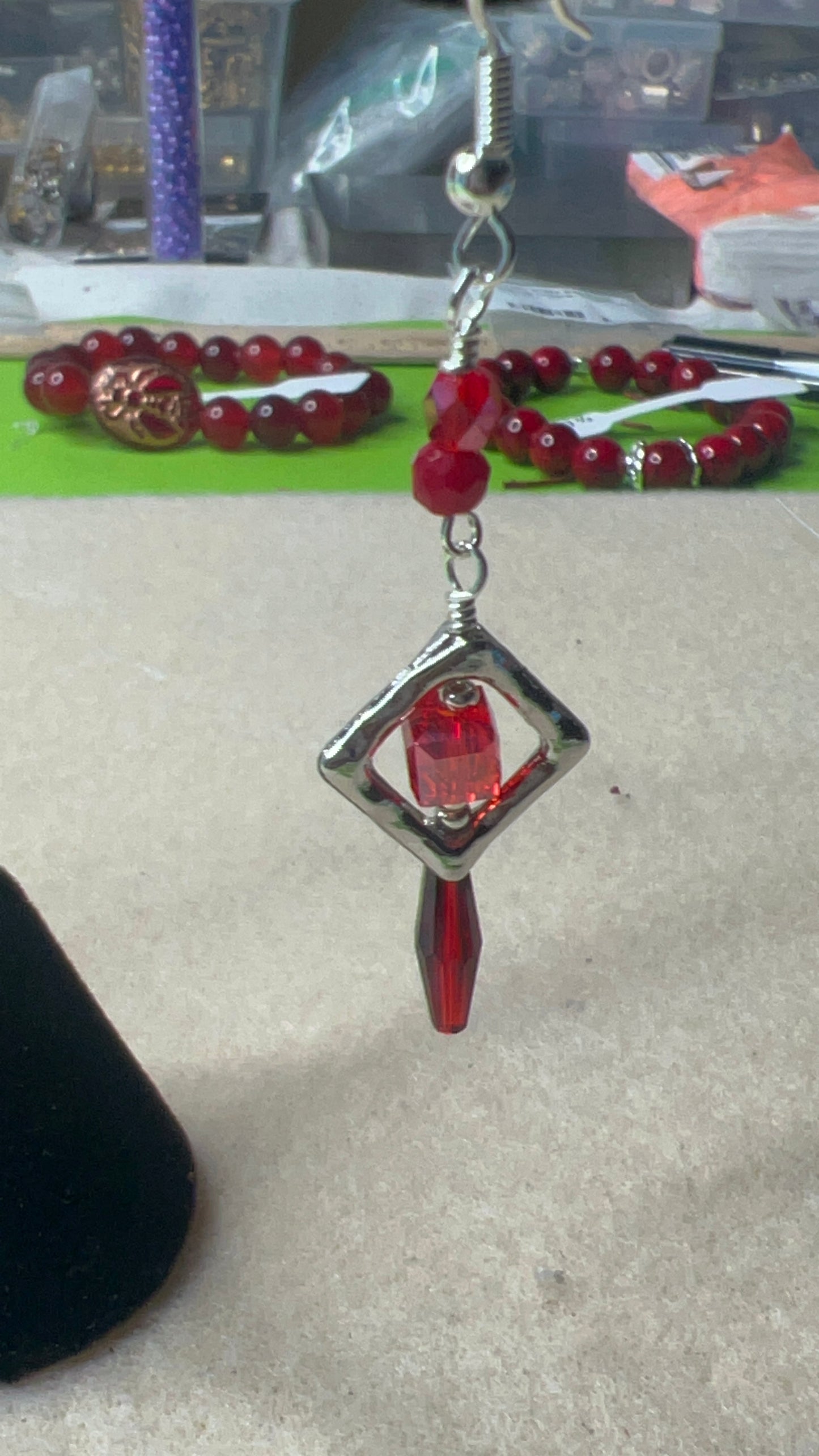 Silver Diamond with Red Crystal Earrings