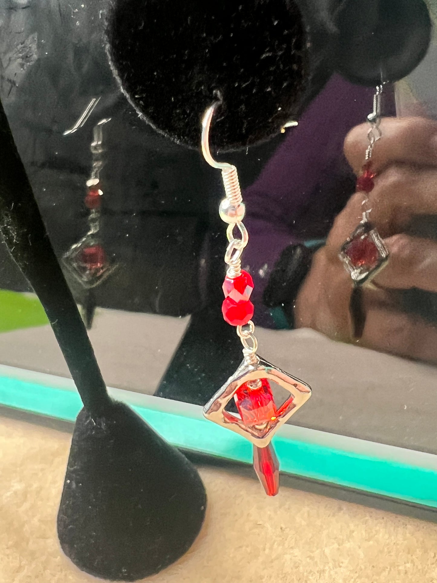 Silver Diamond with Red Crystal Earrings