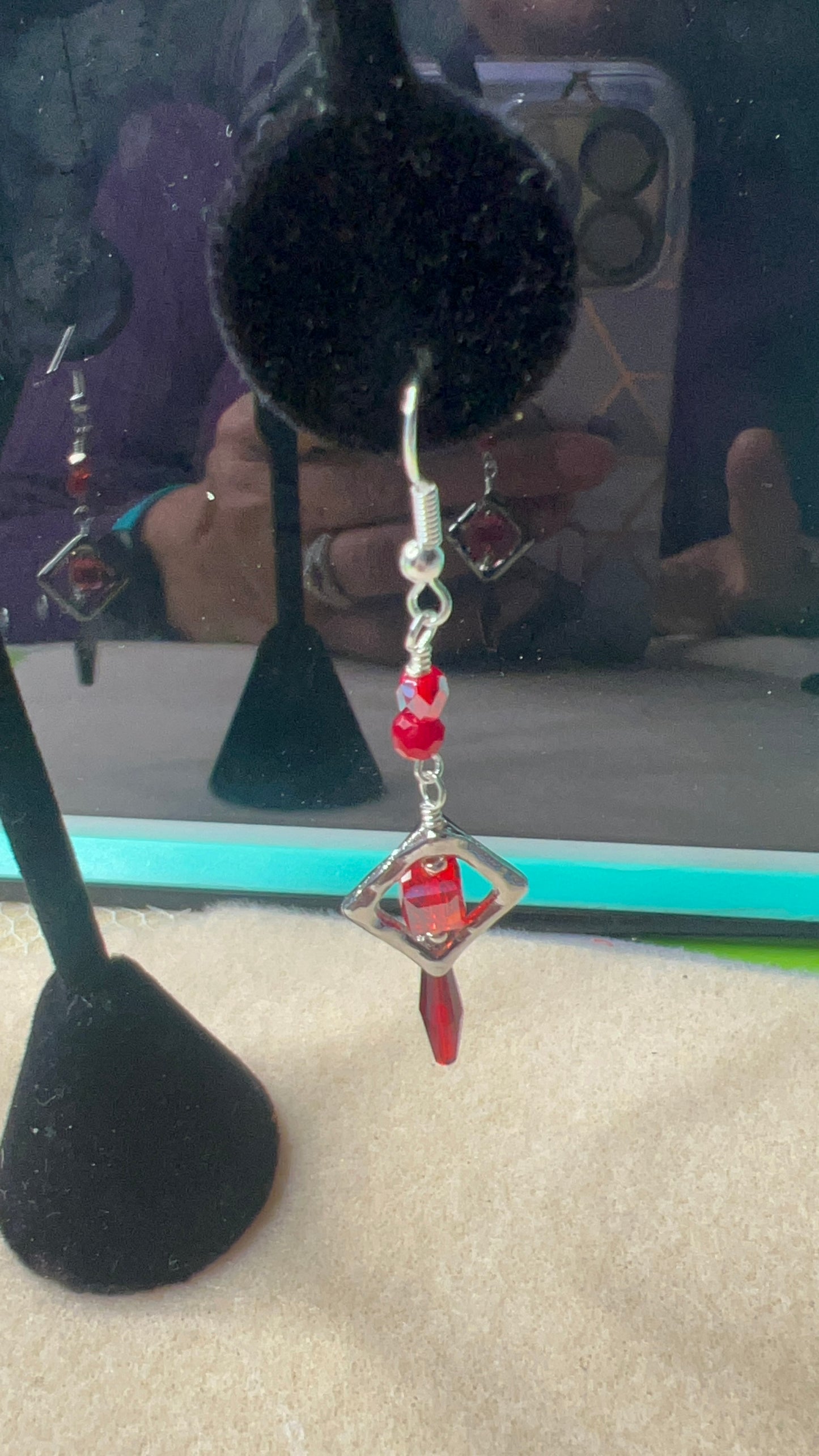 Silver Diamond with Red Crystal Earrings