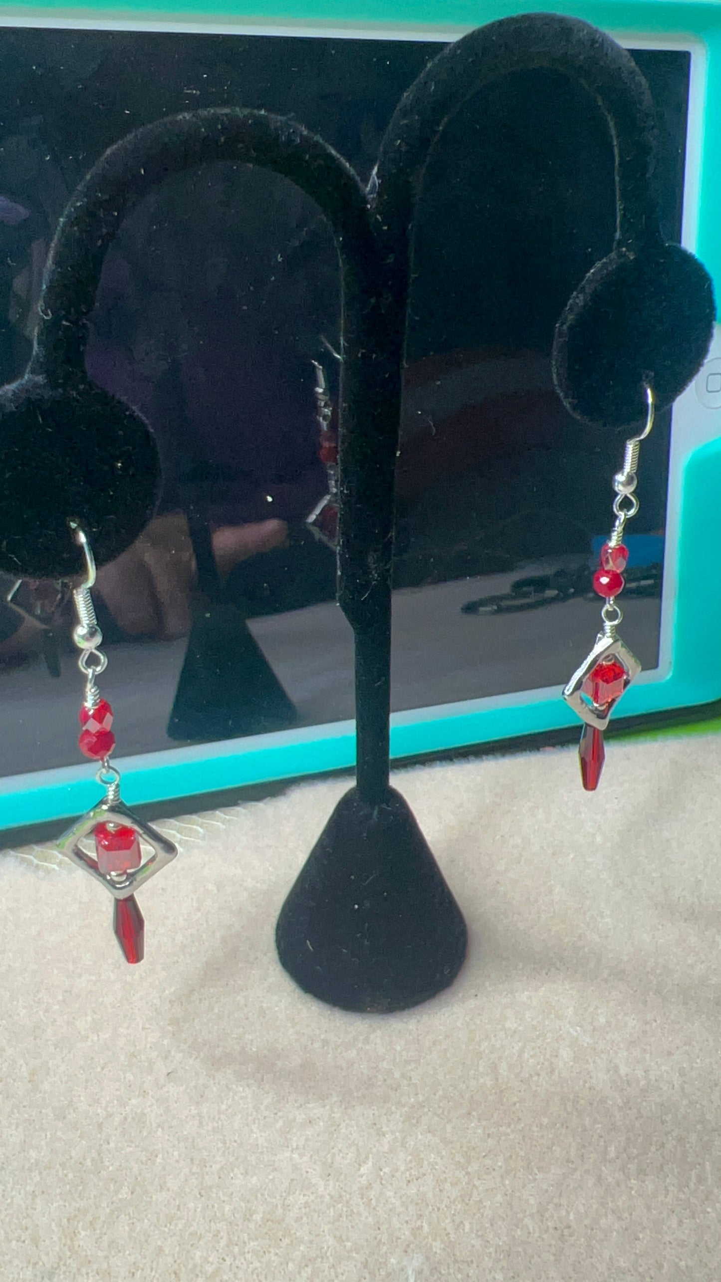 Silver Diamond with Red Crystal Earrings