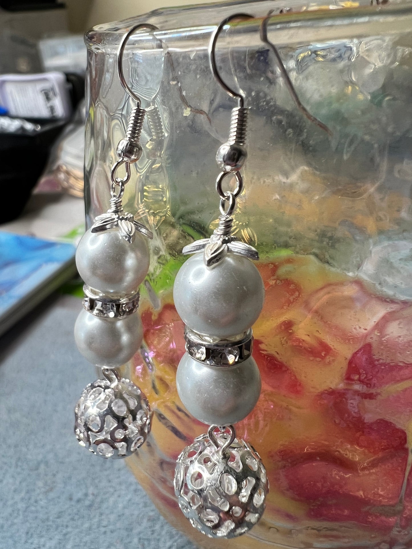 Crystal Bling with White Pearls and Silver Meshed Ball Earrings