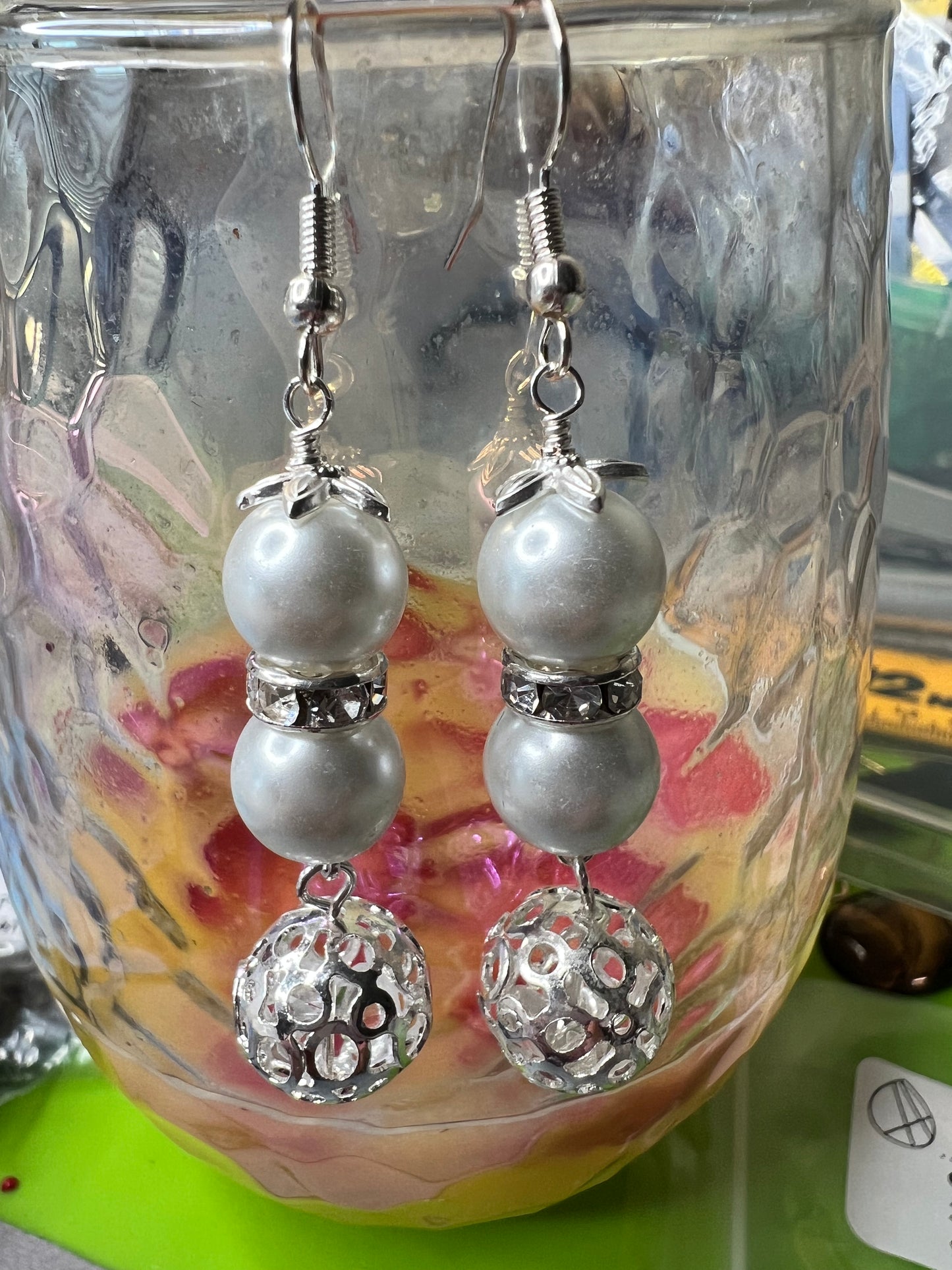 Crystal Bling with White Pearls and Silver Meshed Ball Earrings