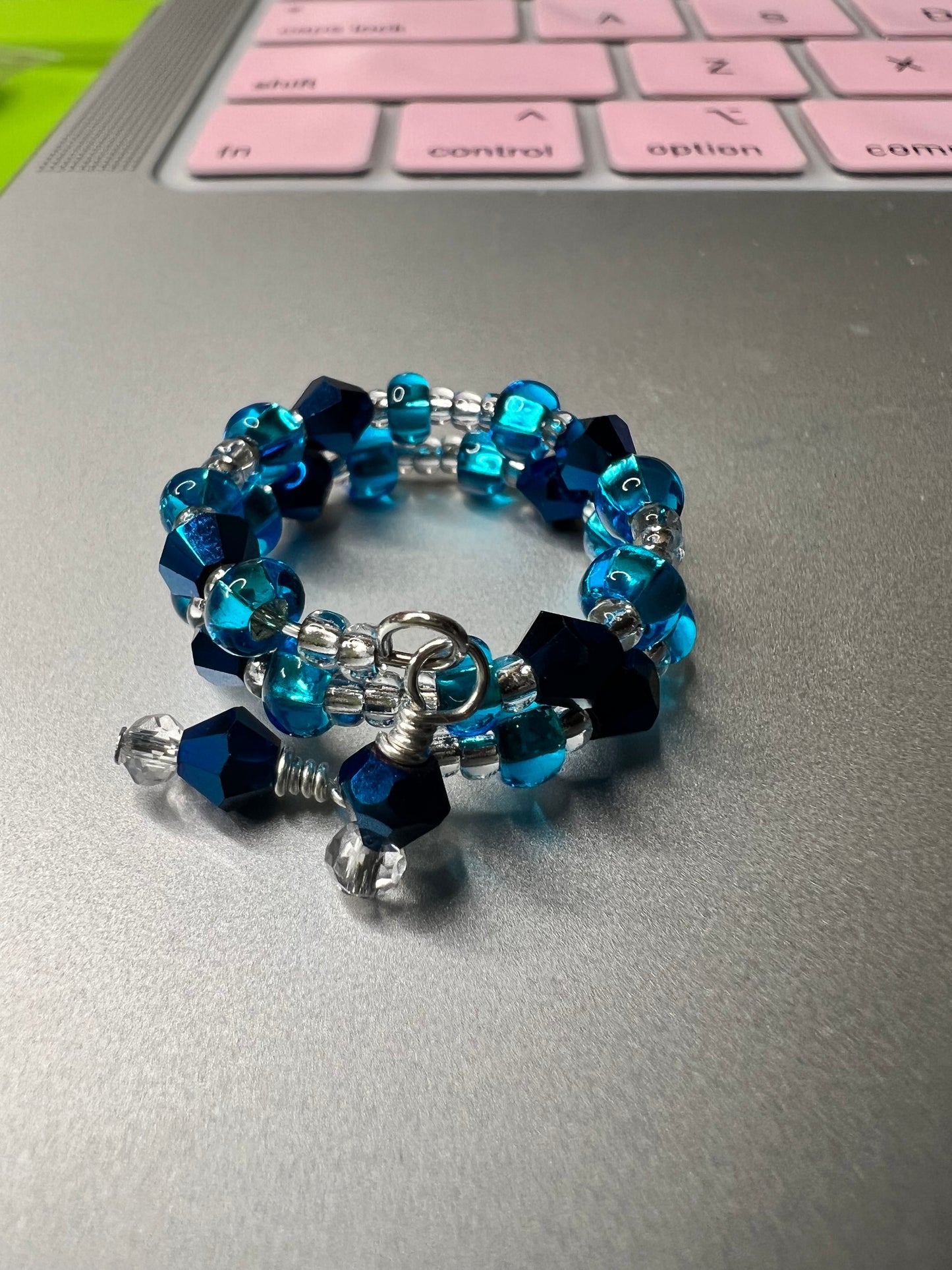 Blues and Clear Crystal and Beaded Wrap Ring