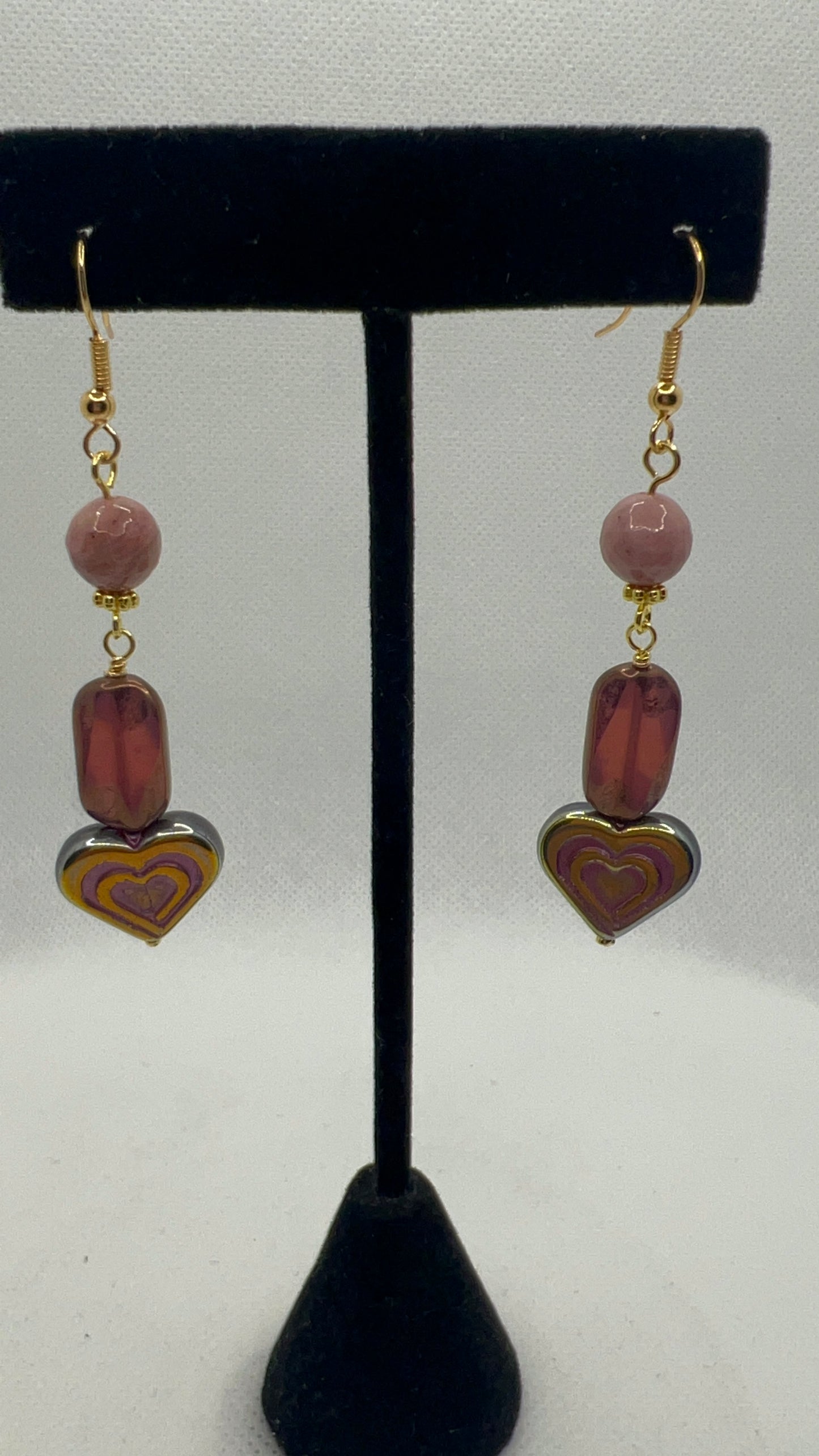 Pink Opal Bronze Heart and Pink Wash Vitrail Focals on Pink Rhodonite