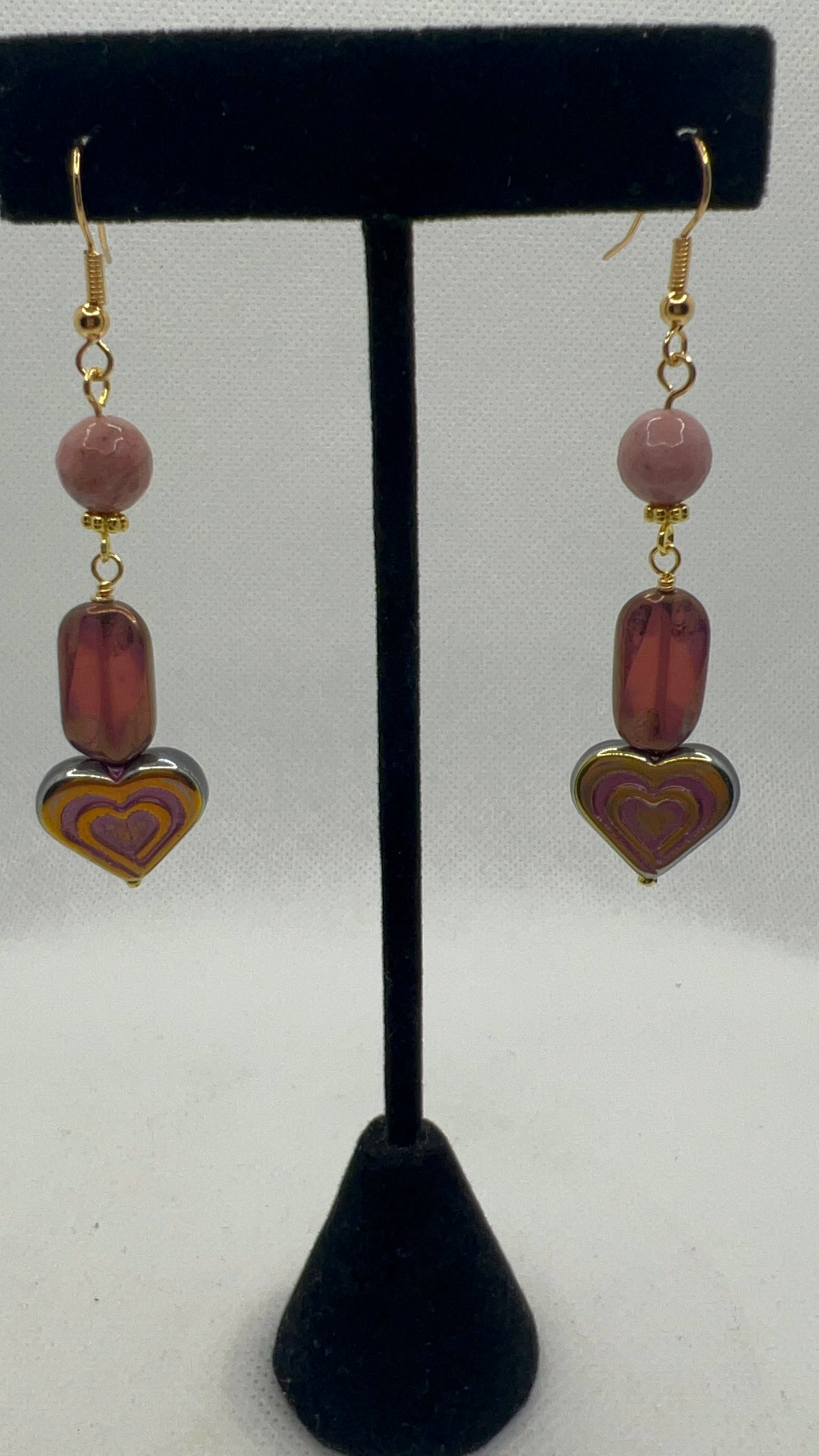 Pink Opal Bronze Heart and Pink Wash Vitrail Focals on Pink Rhodonite