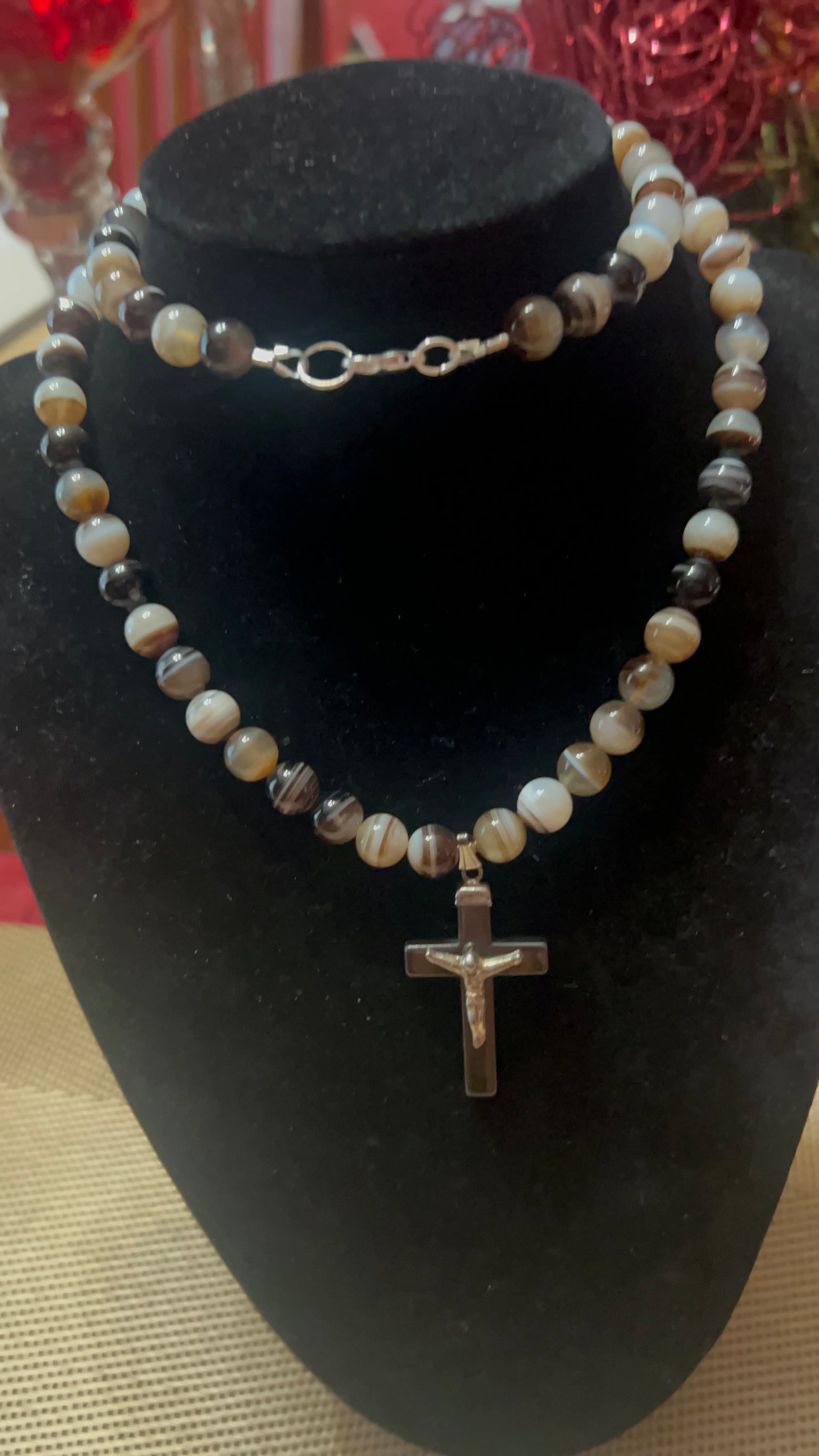 Striped Beaded Necklace (Browns, Whites, Creams) with Hematite Cross with silver accent pendant necklace - unisex