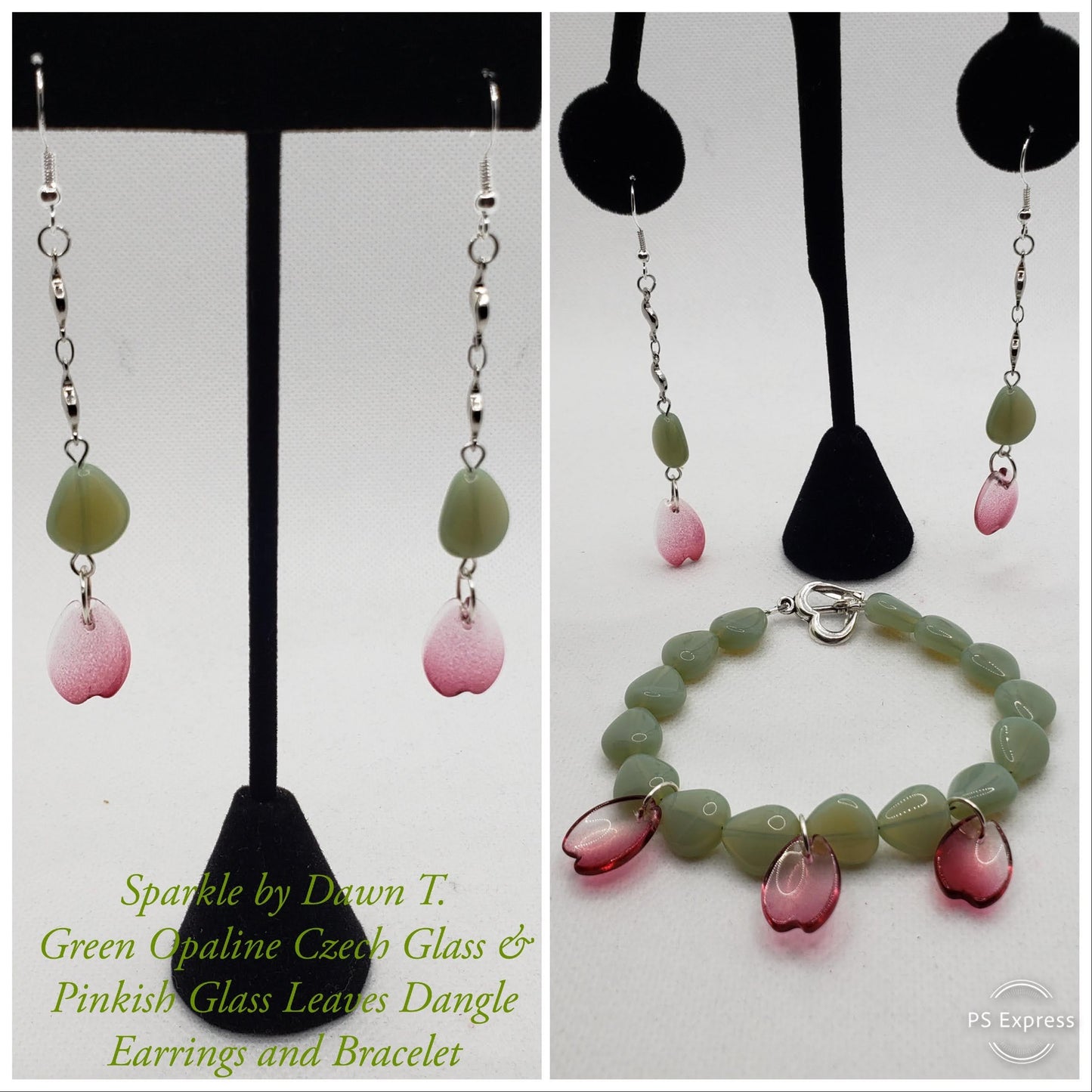 Green Opaline Czech Glass and Pinkish Glass Leaves Bracelet and Earrings Size 7 1_2