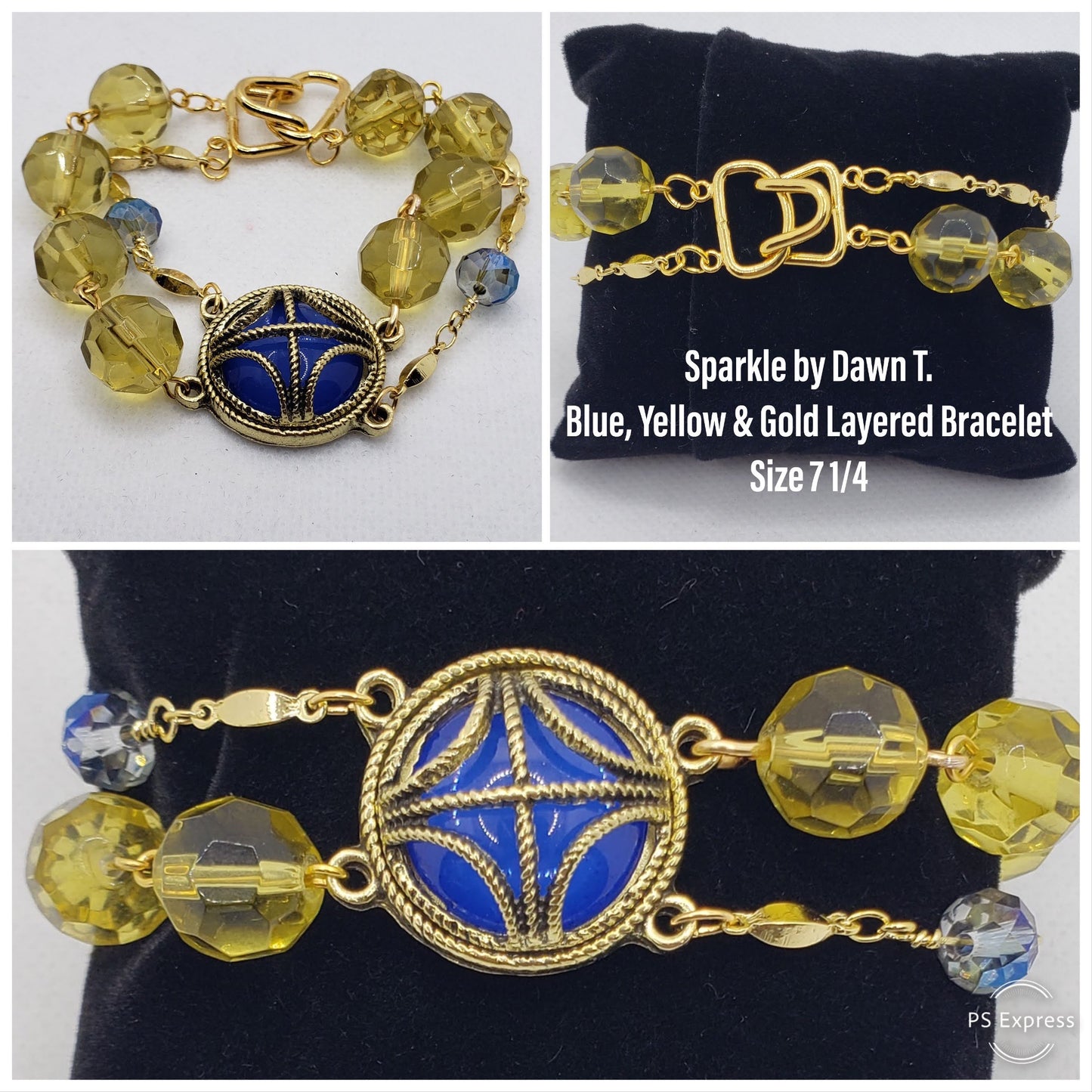 Blue, Yellow and Gold Layered Bracelet with blue and gold large focal and WNAN Earrings