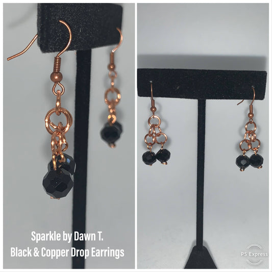 Black Crystal and Copper Chain Double layered bracelet and Earrings