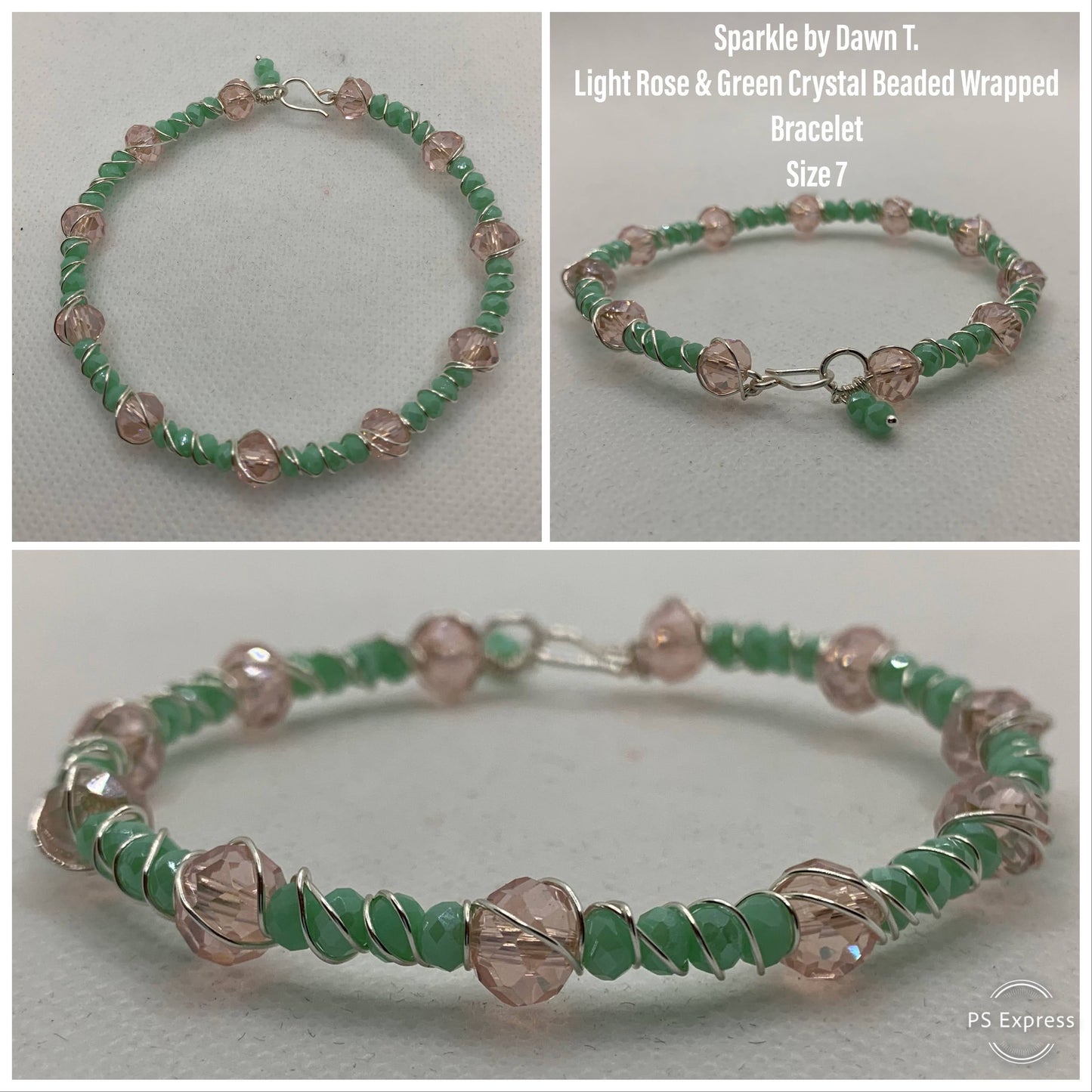 Light Rose and Green Crystal wrapped bracelet and Earrings