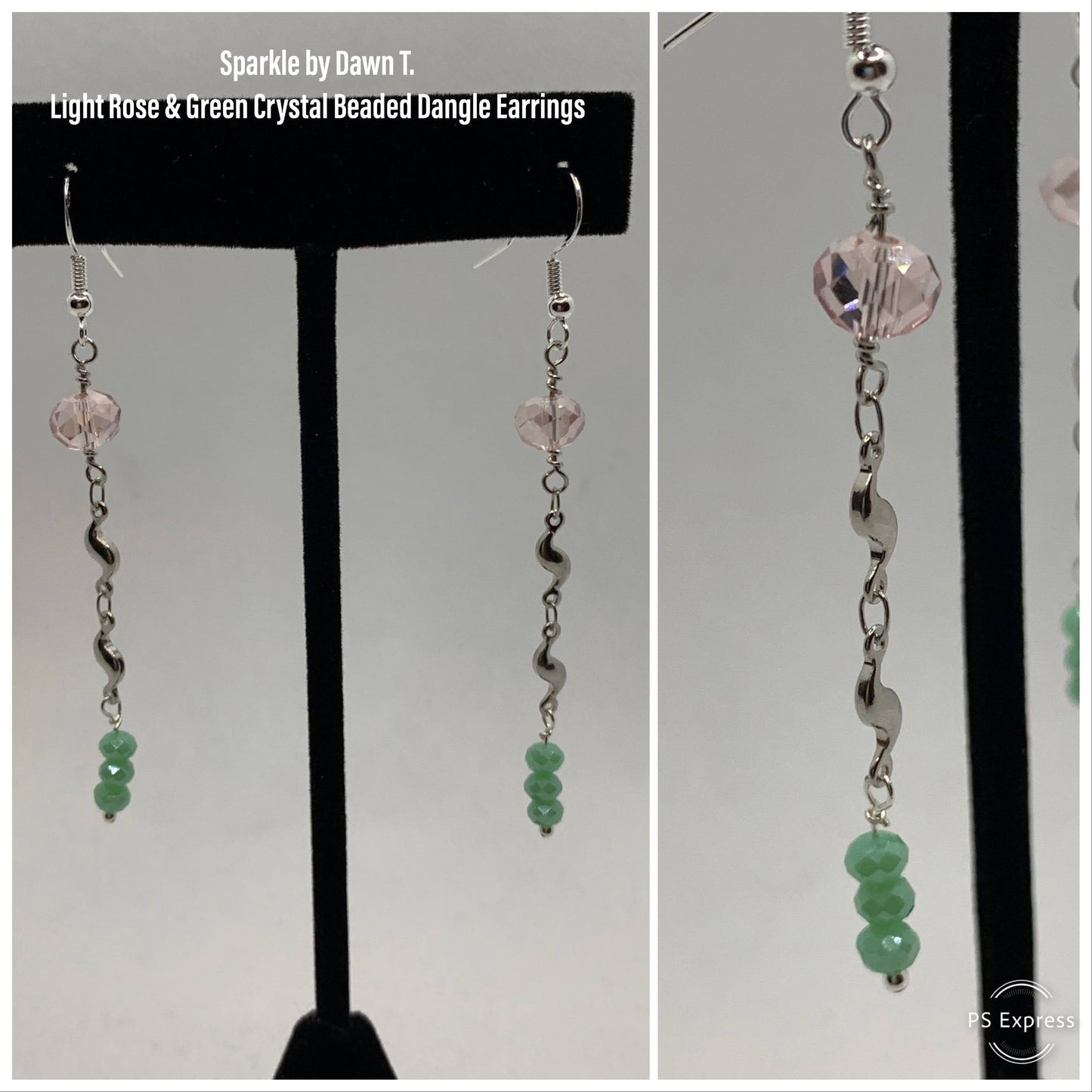 Light Rose and Green Crystal wrapped bracelet and Earrings