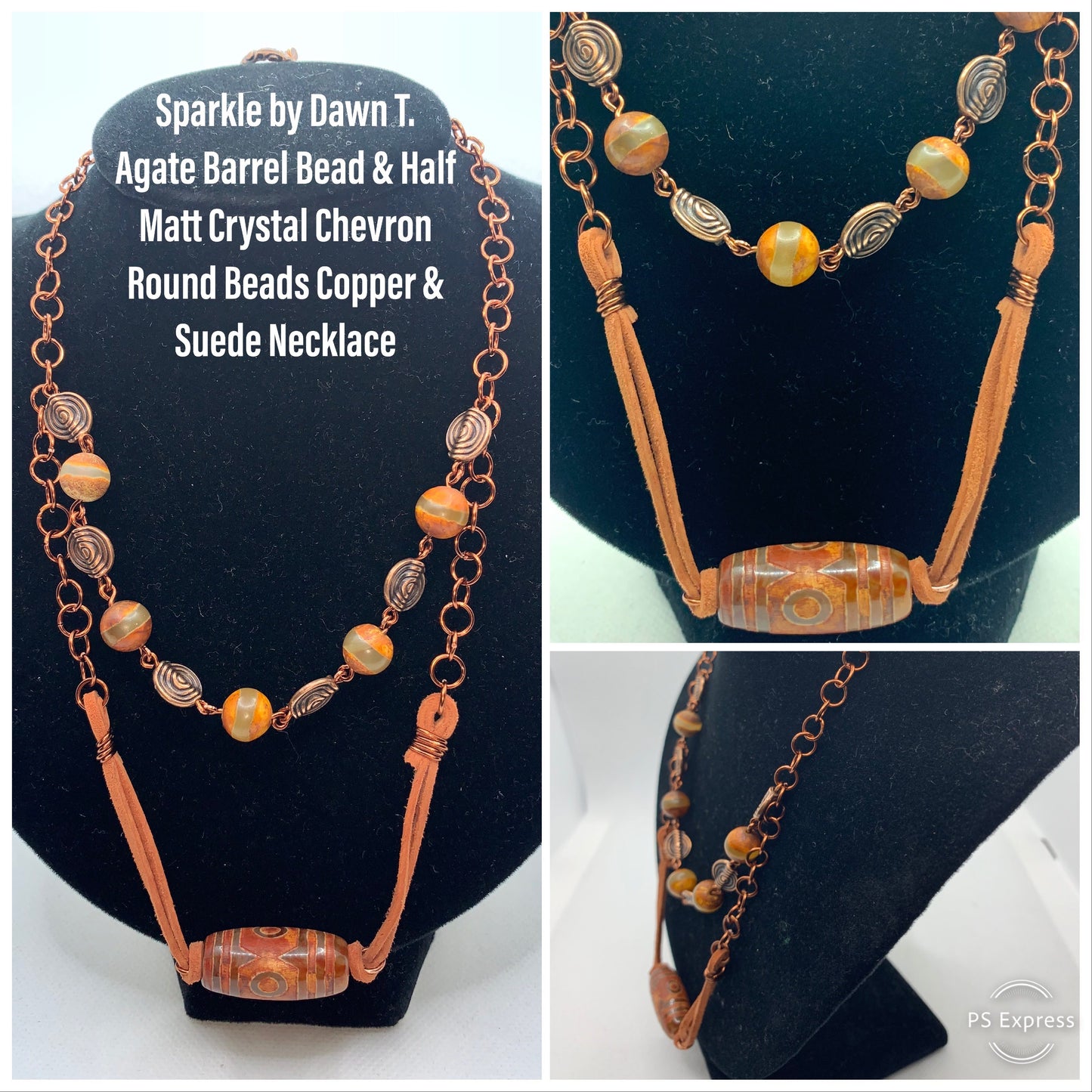 Agate Barrel Bead and Half Matt Crystal Chevron and Suede Necklace