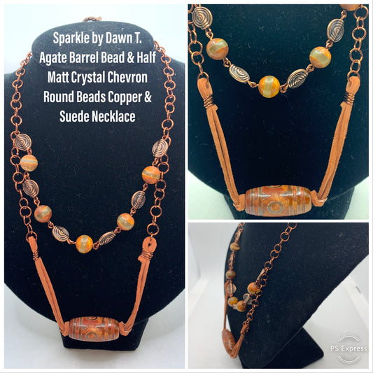 Agate Barrel Bead and Half Matt Crystal Chevron and Suede Necklace