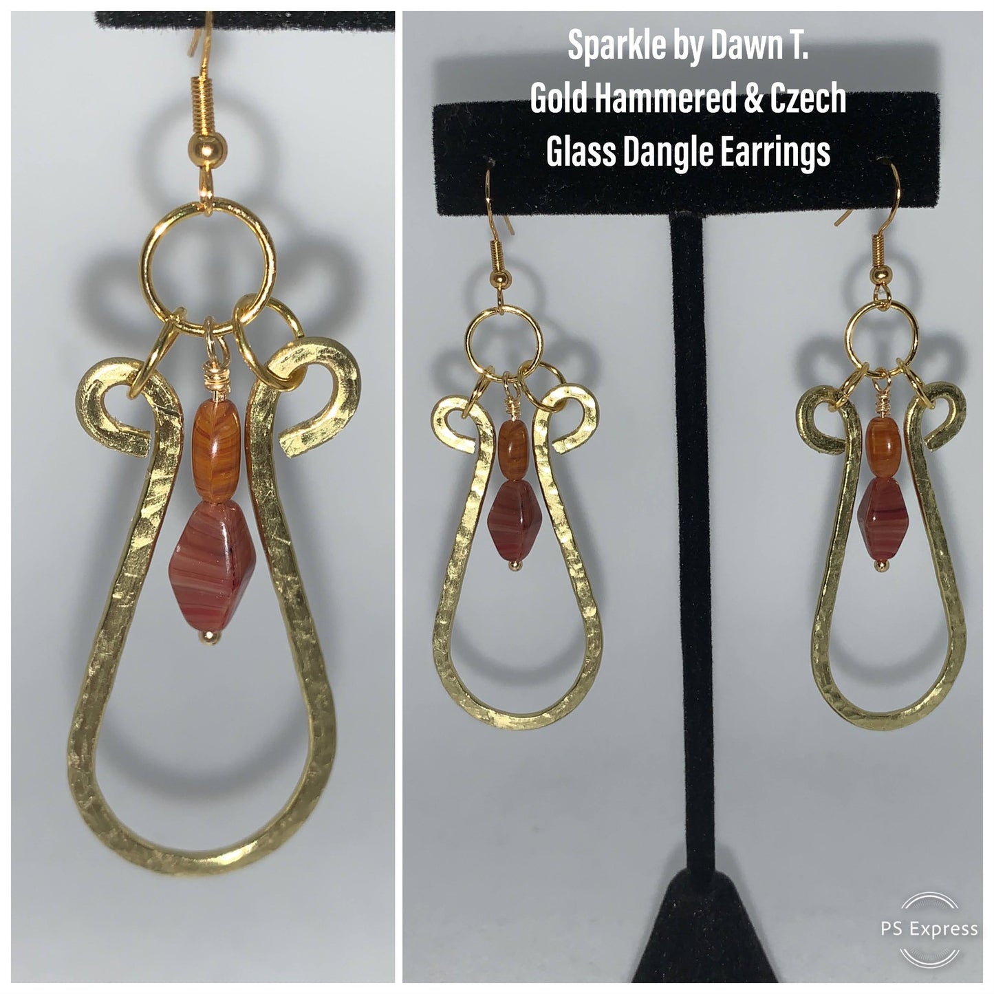 Gold Hammered and Carnelian colored Czech Glass Earrings