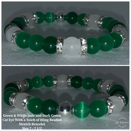 Green and White Jade, Green CatEye and Bling stretch bracelet