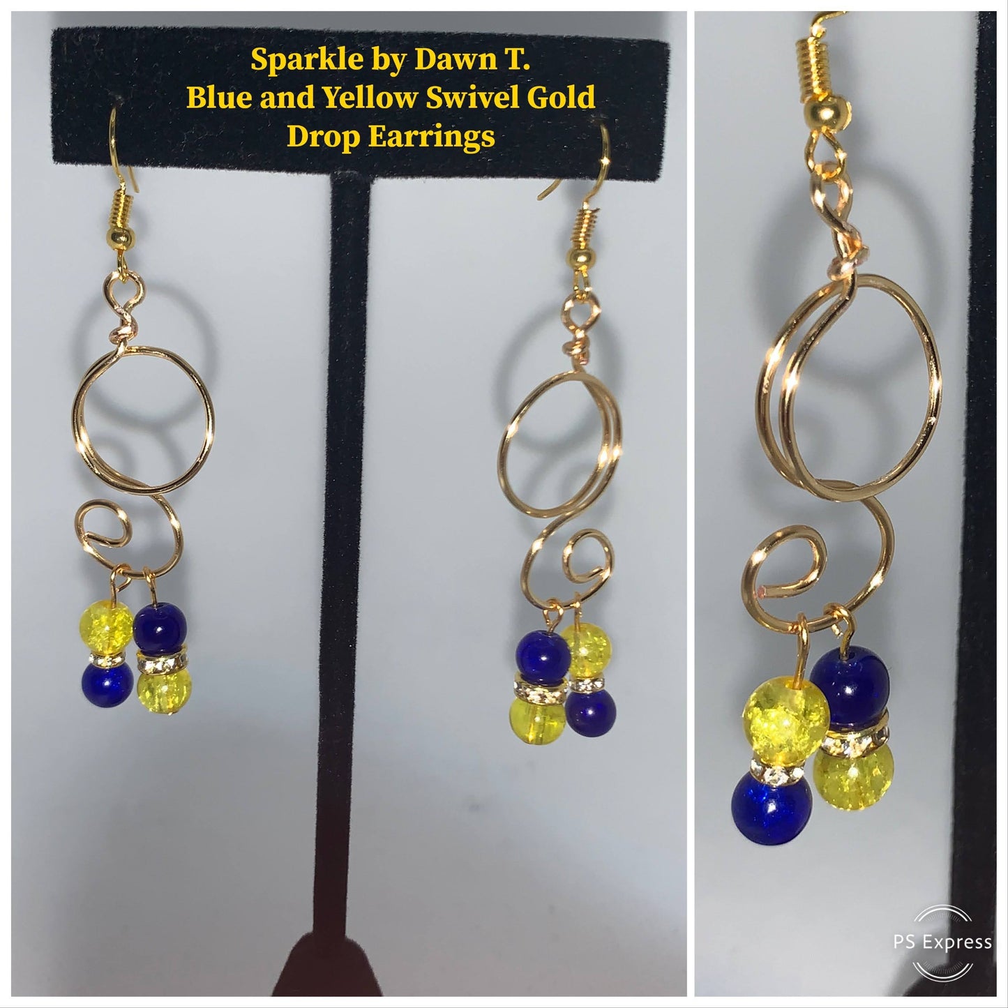 Blue and Yellow Swivel hand formed Gold Drop Earrings