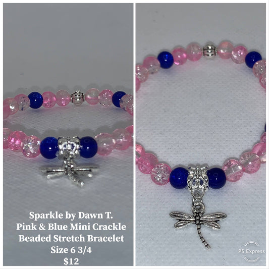 Pink and Blue Mini Crackle Bead Stretch Bracelet