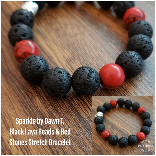 Black lava beads with red crackle beads stretch bracelet with silver leaf pendant