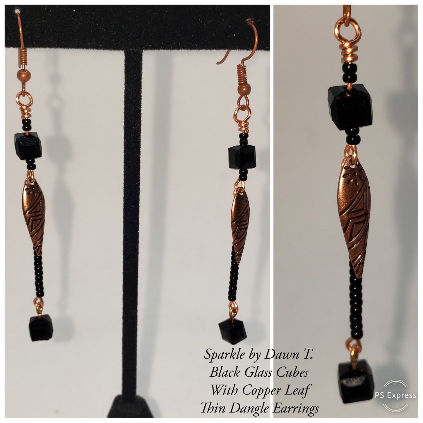 Black Glass Cubes with Copper Leaf Thin Dangle Earrings