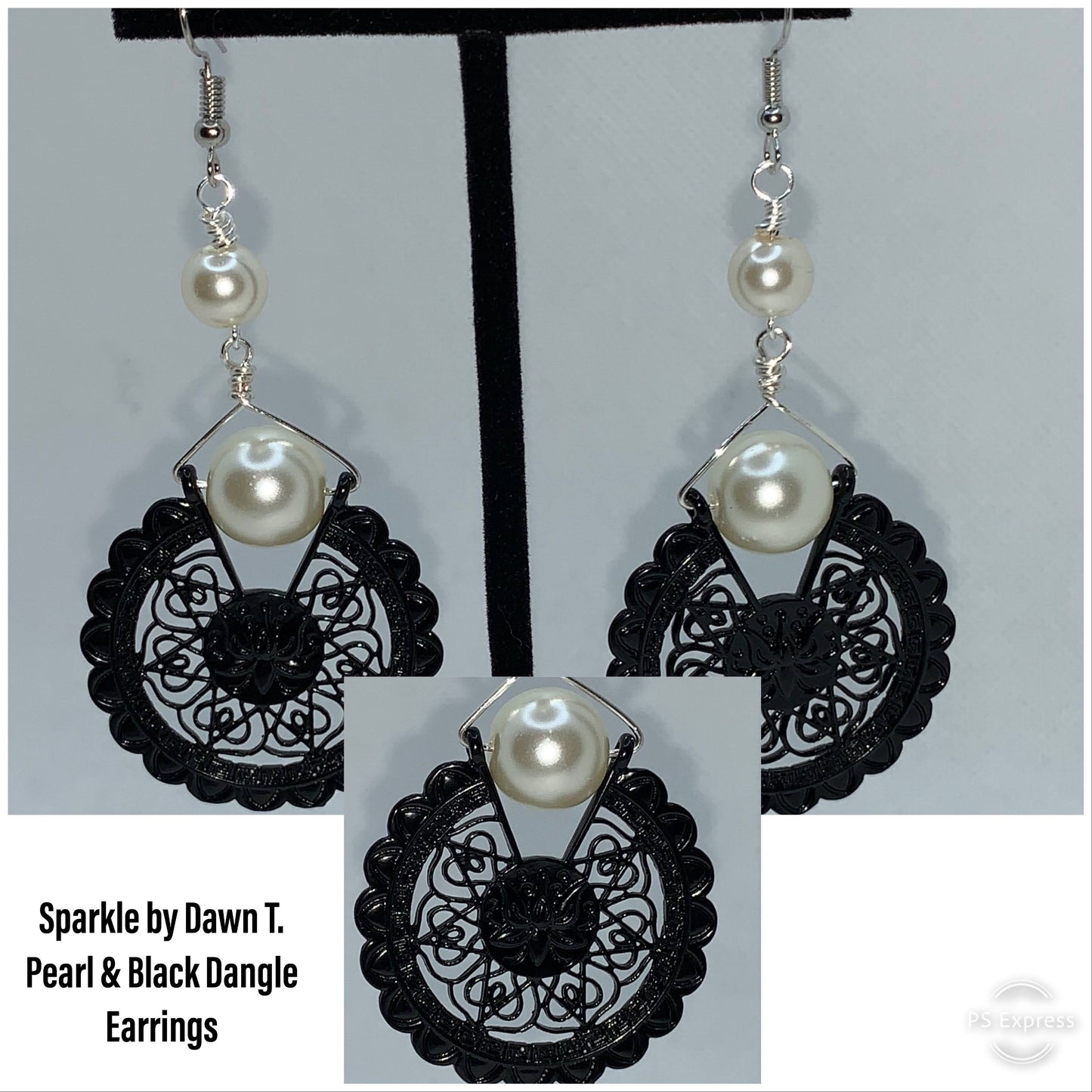 Pearl and Black Lace Metal Dangle Earrings