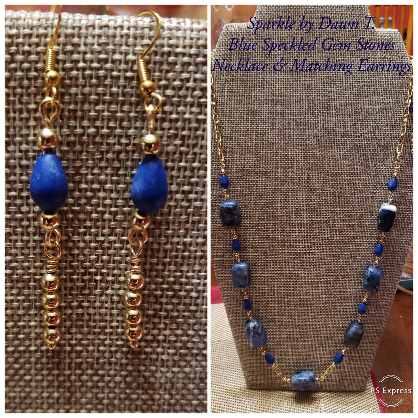 Blue Gemstone with Gold chain necklace and earrings set