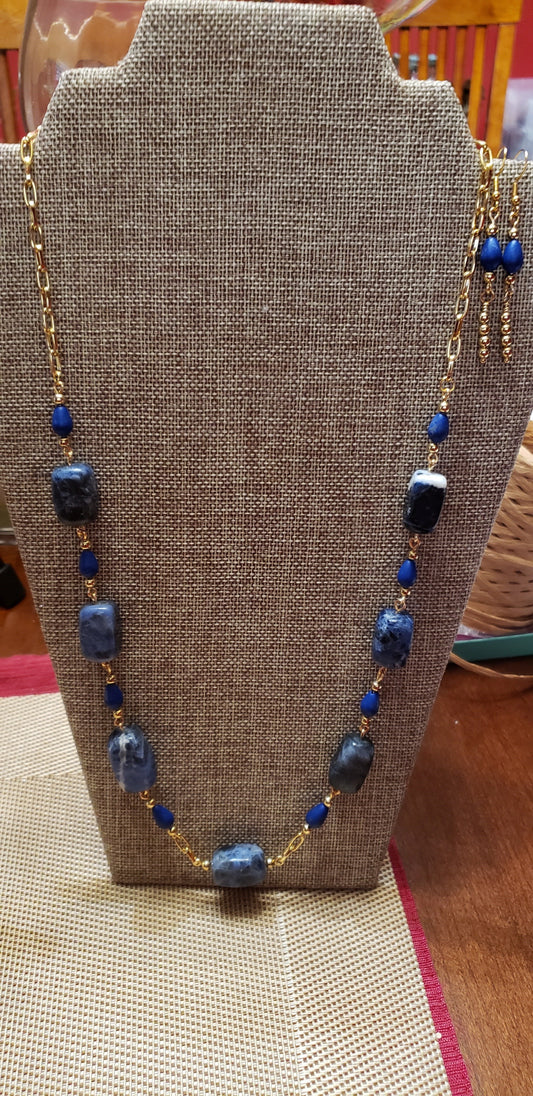 Blue Gemstone with Gold chain necklace and earrings set