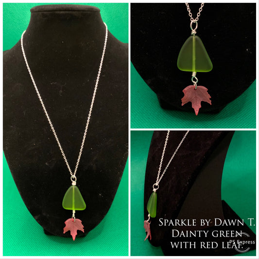 Pink Leaf and Green gemstone necklace and earrings set