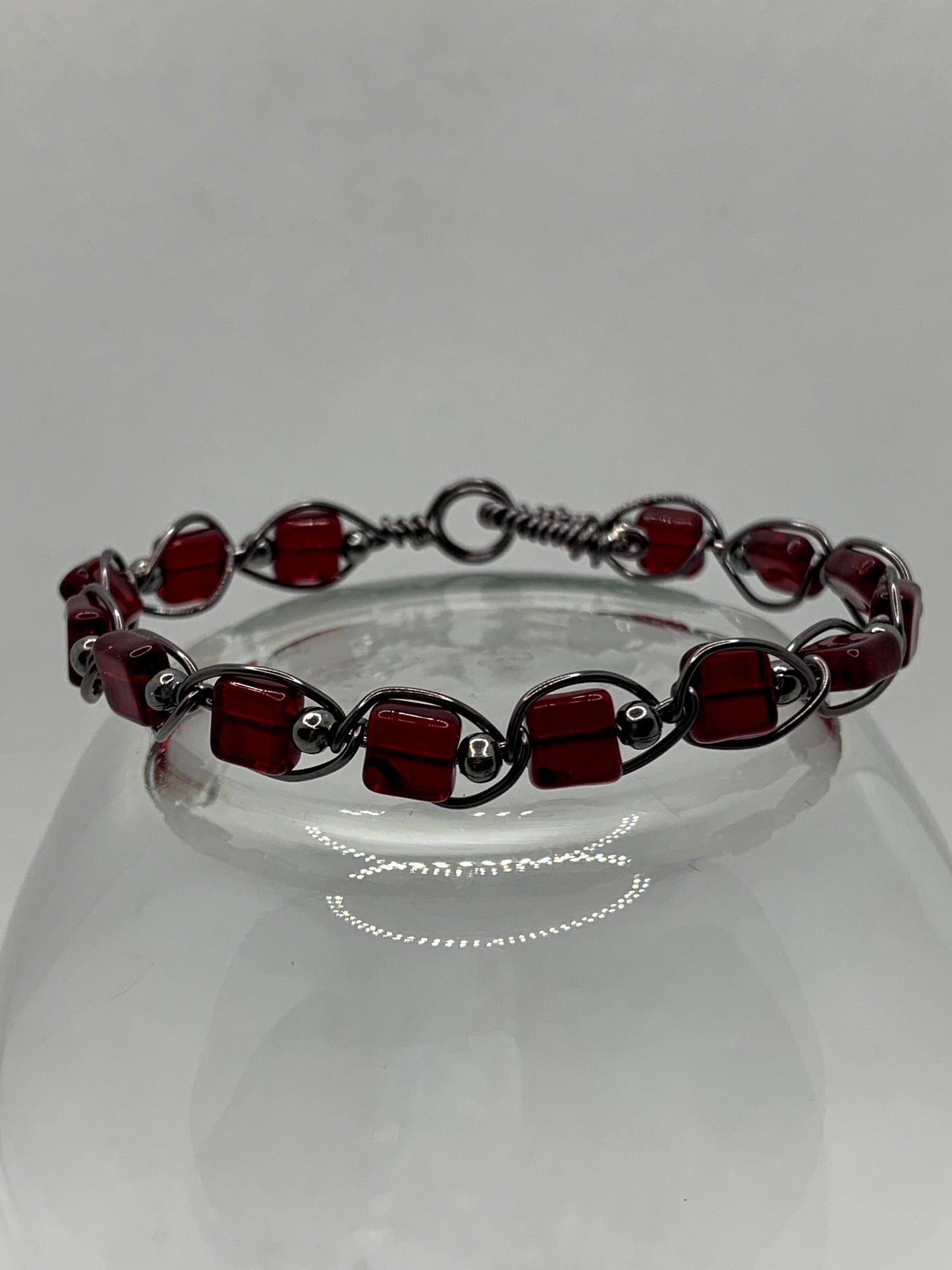 Red Square Czech Glass and pewter wire bracelet