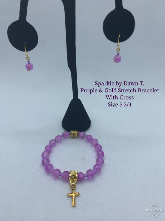 Child's Light Purple and Gold Stretch Bracelet with cross and Earring Set