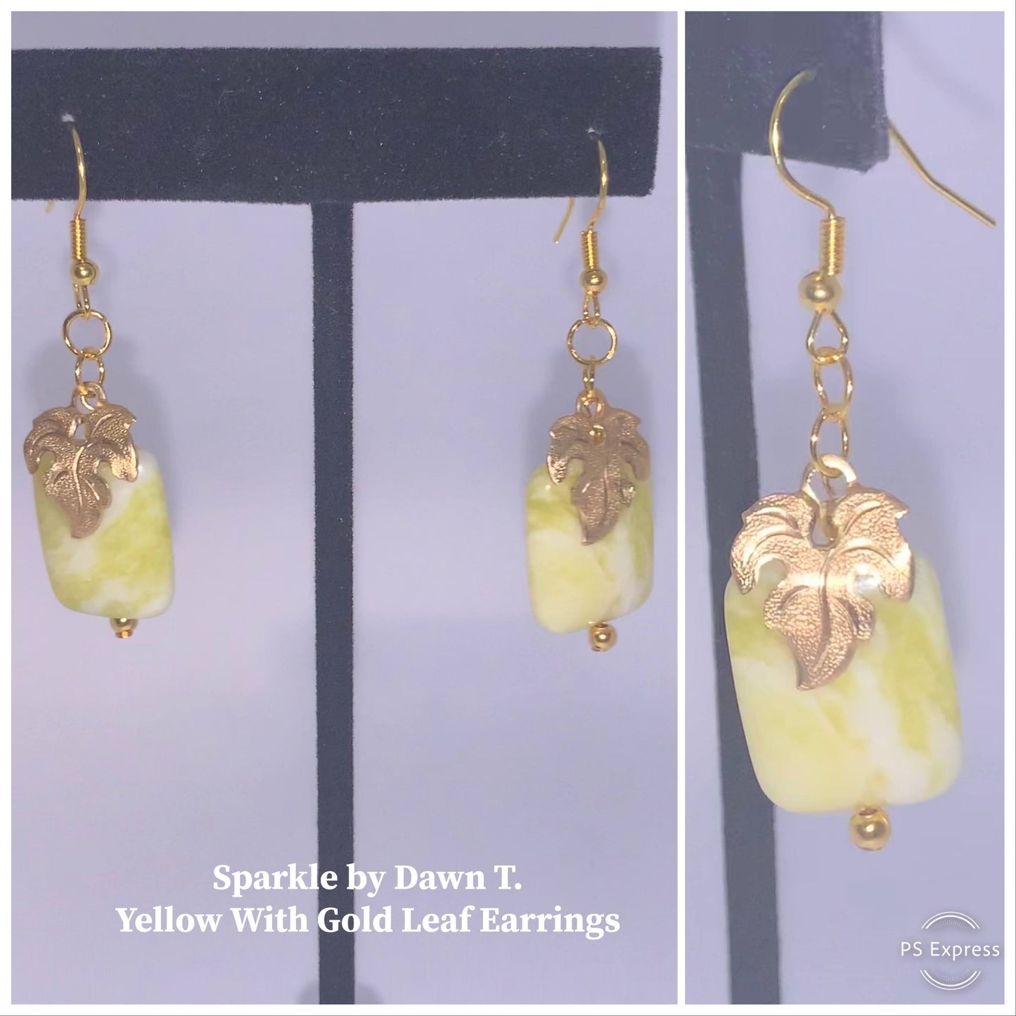 Yellow and white gemstone rectangle with gold leaf earrings