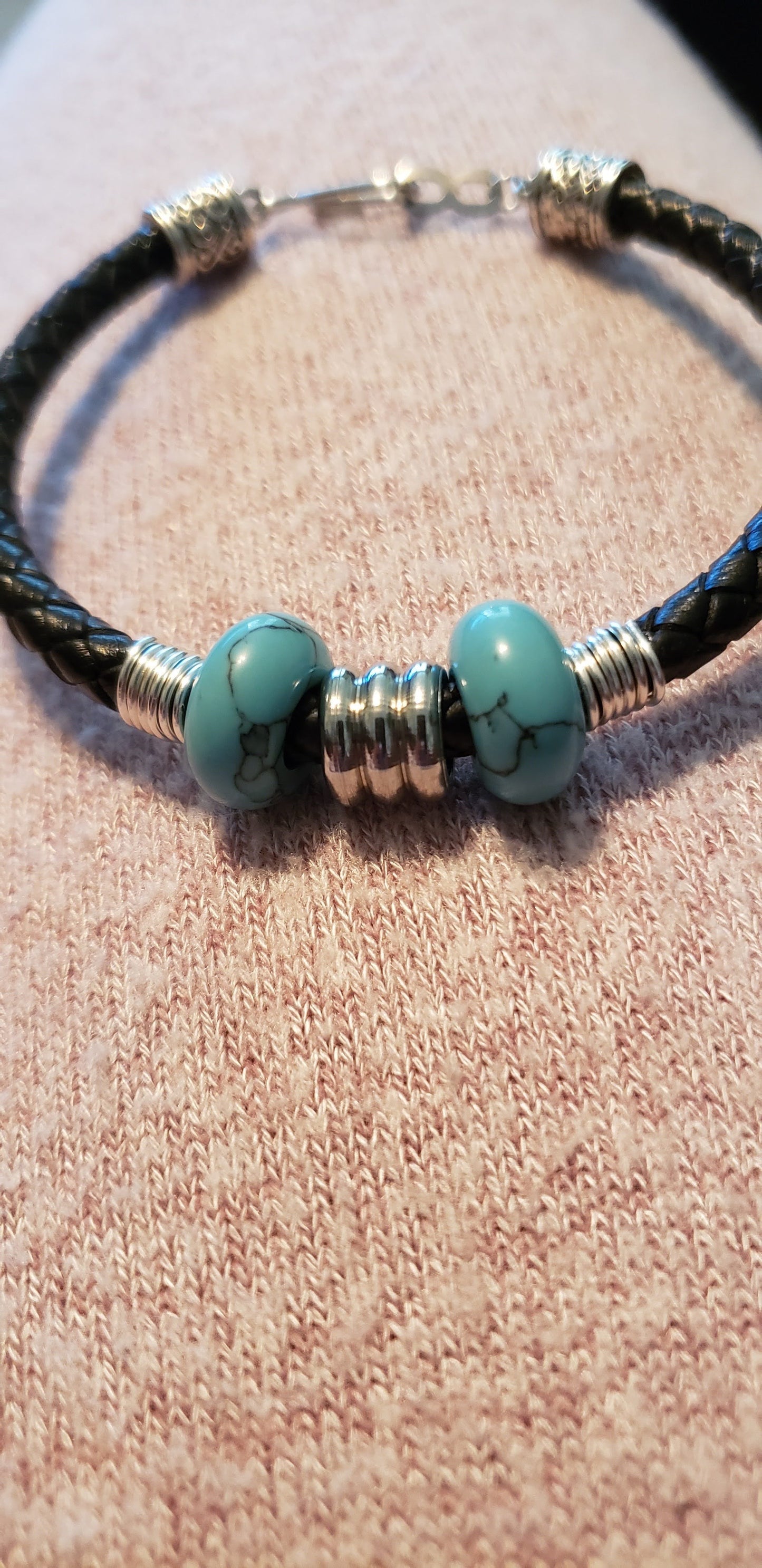 Sky Blue Gems (2) Leather bracelet with hook clasp