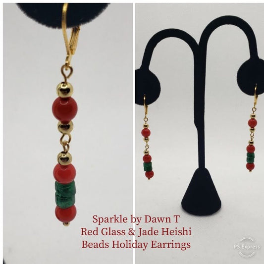 Red Glass and Jade Heishi Beaded Holiday Earrings