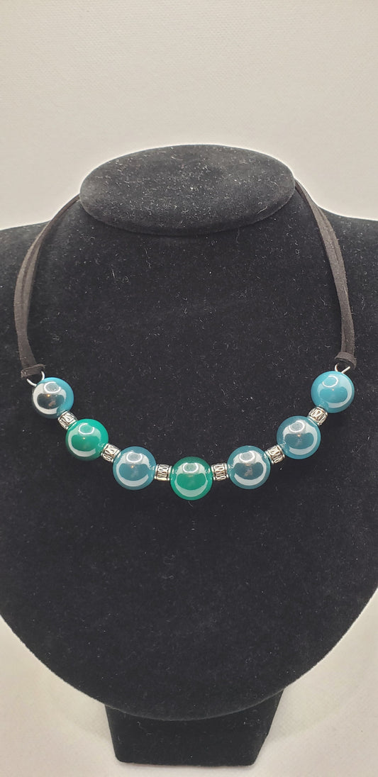 Turquoise Large Beaded Choker with Black Suede Necklace