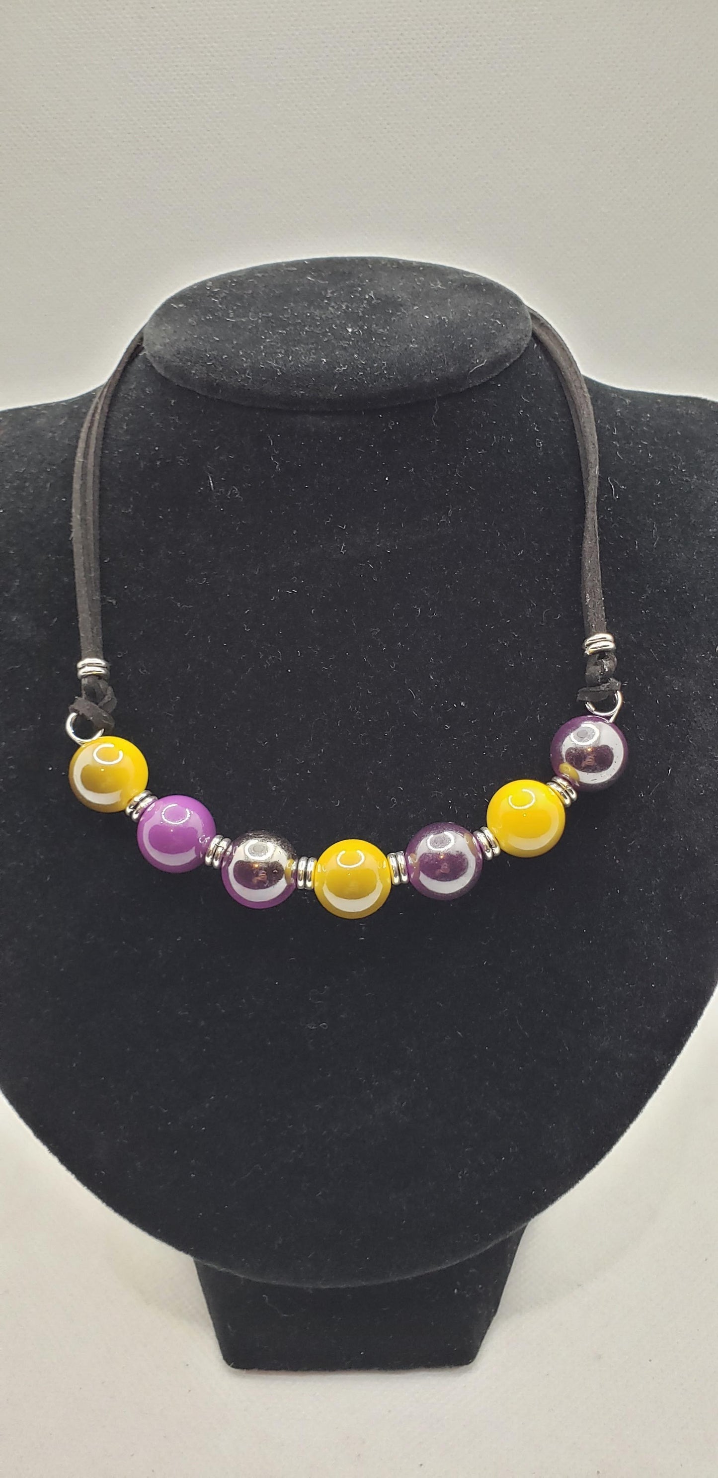 Purple and Yellow Large Beaded Choker Suede